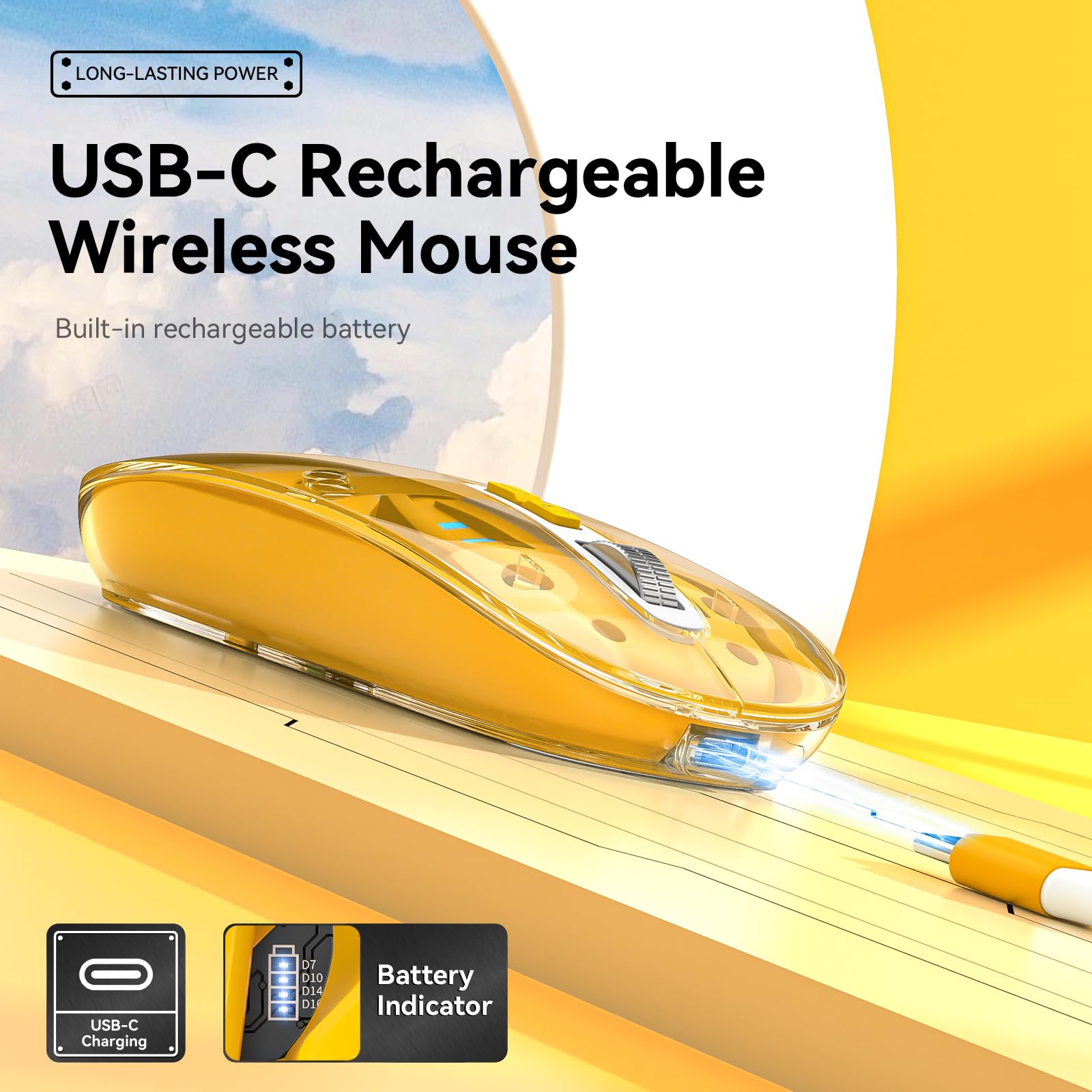 Uiosmuph Bluetooth Mouse Wireless, Tri Mode (Bt5.1/5.1+Usb), Usb C Rechargeable, Quiet Click, Transparent Cover, Battery Level V