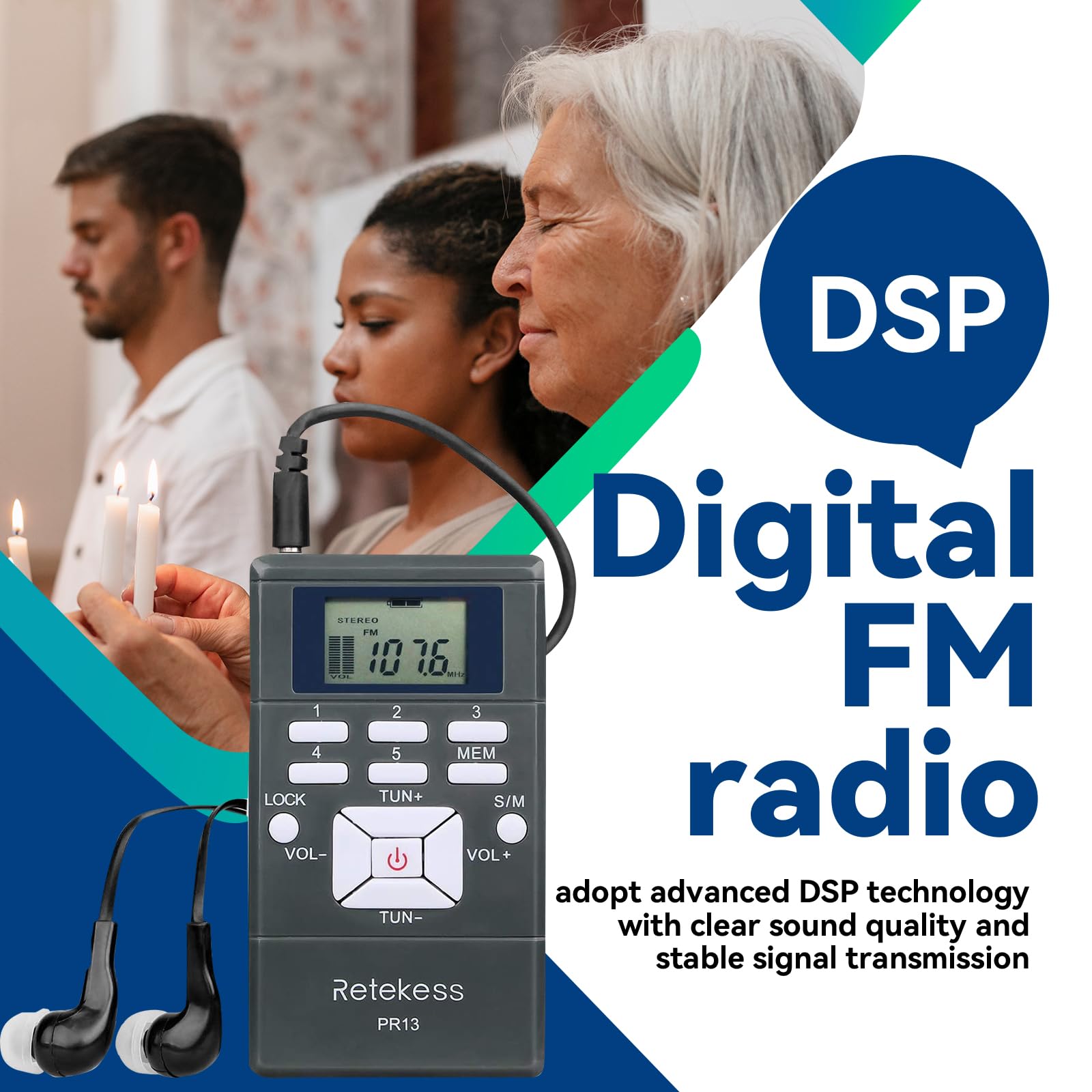 Retekess Pr13 Portable Fm Receiver, Mini Fm Radio Dsp With 24 Hour Clock For Drive-In Church, Teaching, Simultaneous Translation