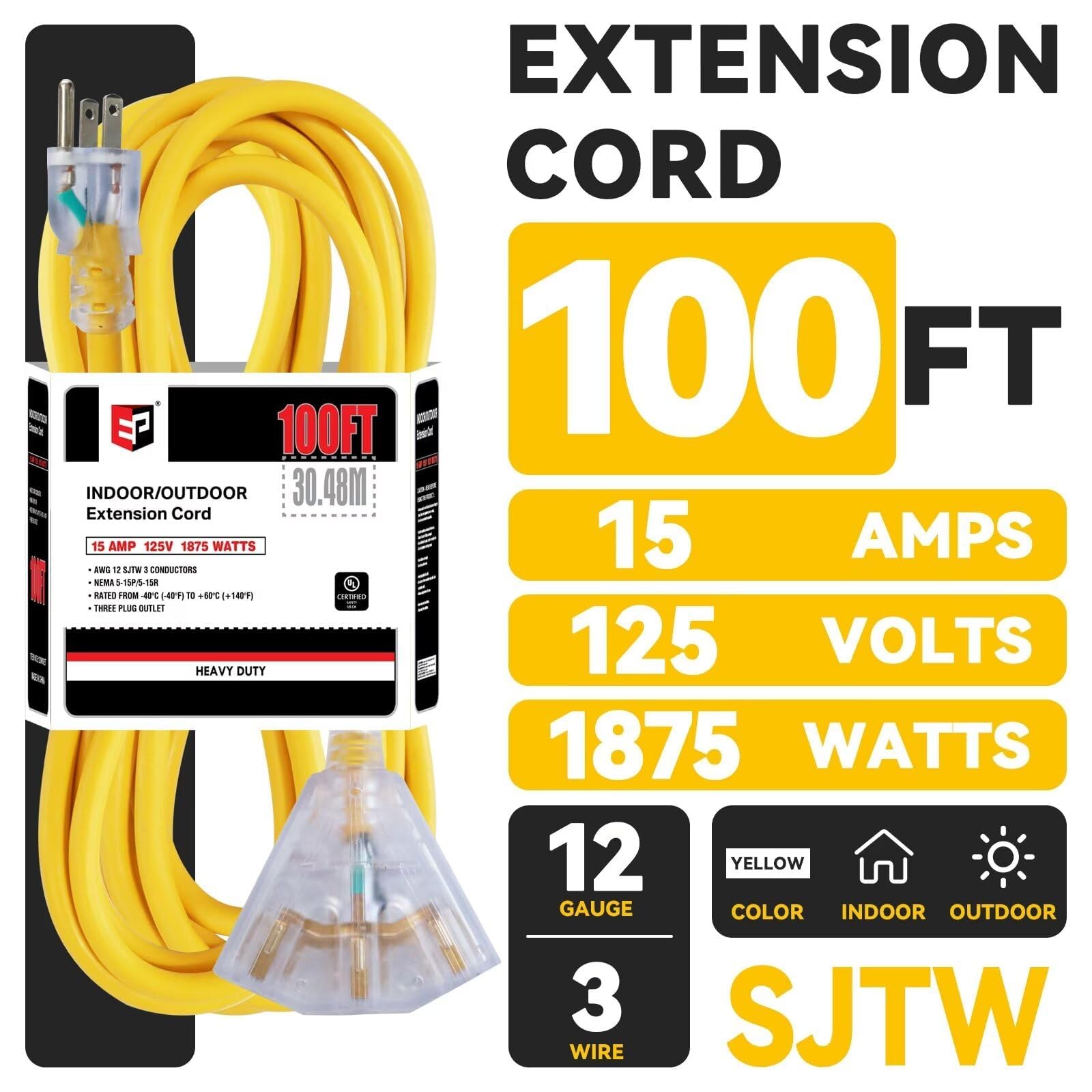 Ep 100 Ft 12 Gauge Heavy Duty Extension Cord, 15A 125V 1875W, 3 Outlet Indoor/Outdoor Power Cord With Lighted End, 12/3 Sjtw Wea