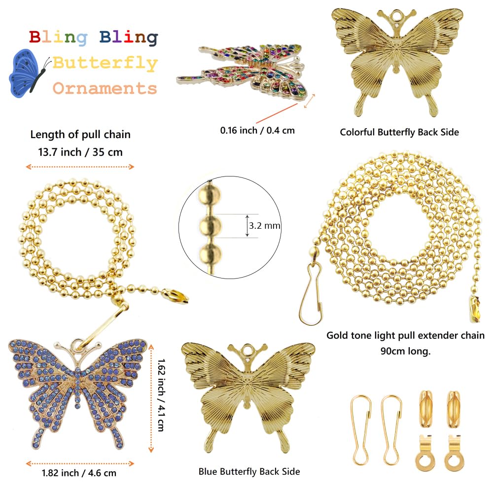 Wayilea Ceiling Fan Extension Chain, Decorative Crystal Rhinestone Butterfly Ornaments Pendant, Light Lamp Chain Pull Extender S