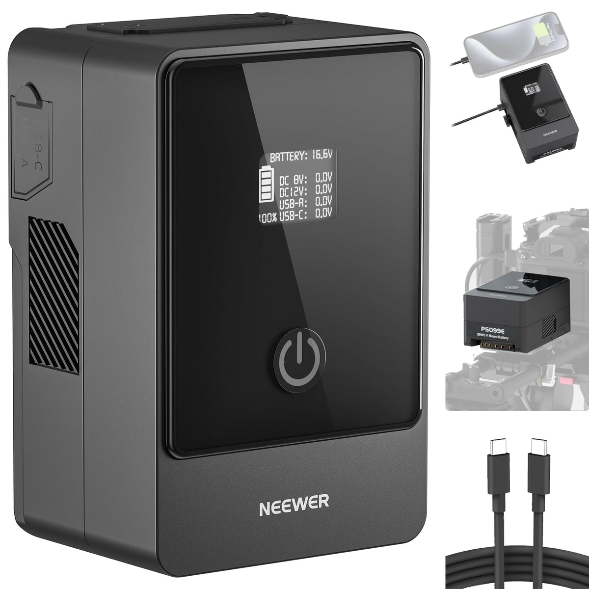 Neewer V Mount Battery Ps099E With Type C Cable, 6800Mah 99Wh 14.5V Mini V Lock With Oled Display, Fast Charging 65W Pd Usb C, D