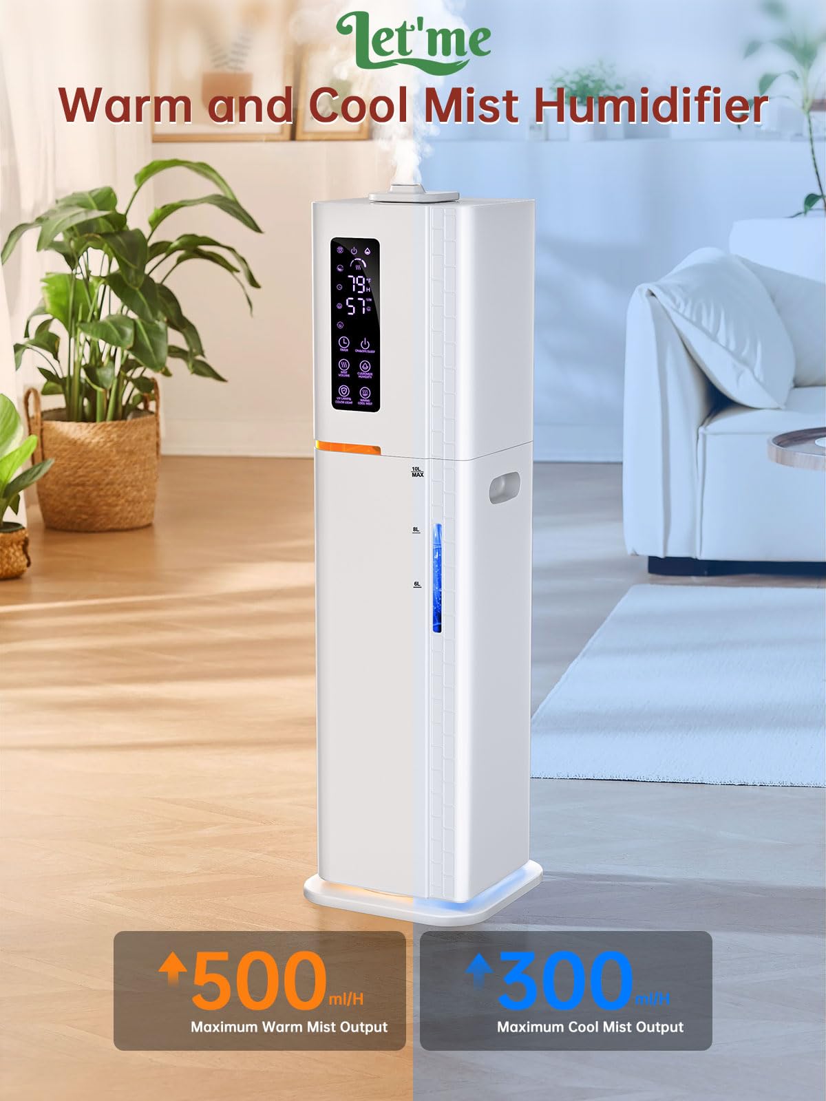 2.64Gal Humidifiers For Bedroom Large Room, Warm And Cool Mist Up To 500Ft, Top Fill Diffuser Ambient Light, 3 Mist Modes, 24H T