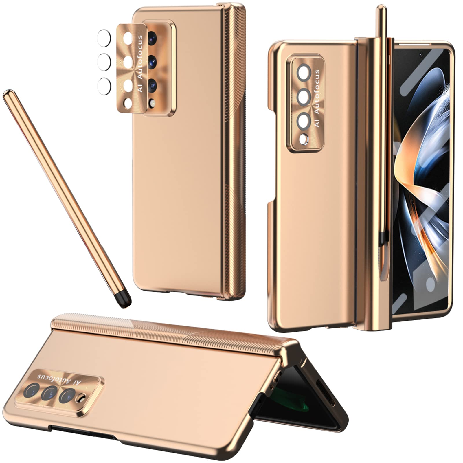 Ninki 4 In 1 Magnetic S Pen Case For Galaxy Z Fold 4 5G With Hinge Protection   Gold