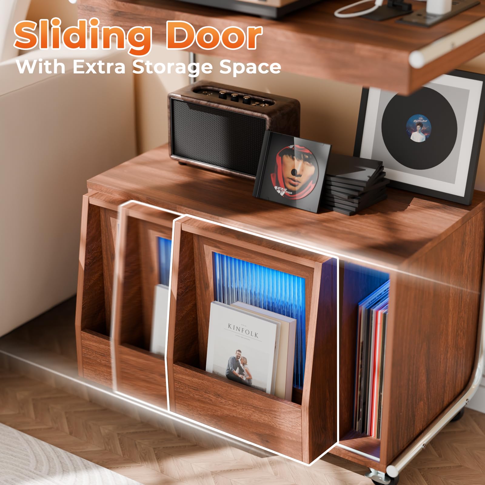 Large Record Player Stand With Sliding Door And Wheels,200 Vinyl Record Storage Cabinet, Record Player Table With Power Outlet &