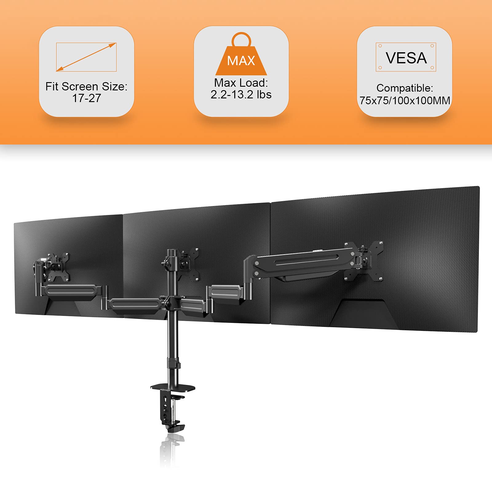 Pholiten Triple Monitor Stand,Triple Monitor Mount,Triple Gas Spring Monitor Arm,Monitor Stands For 3 Monitors,3 Monitor Desk Mo
