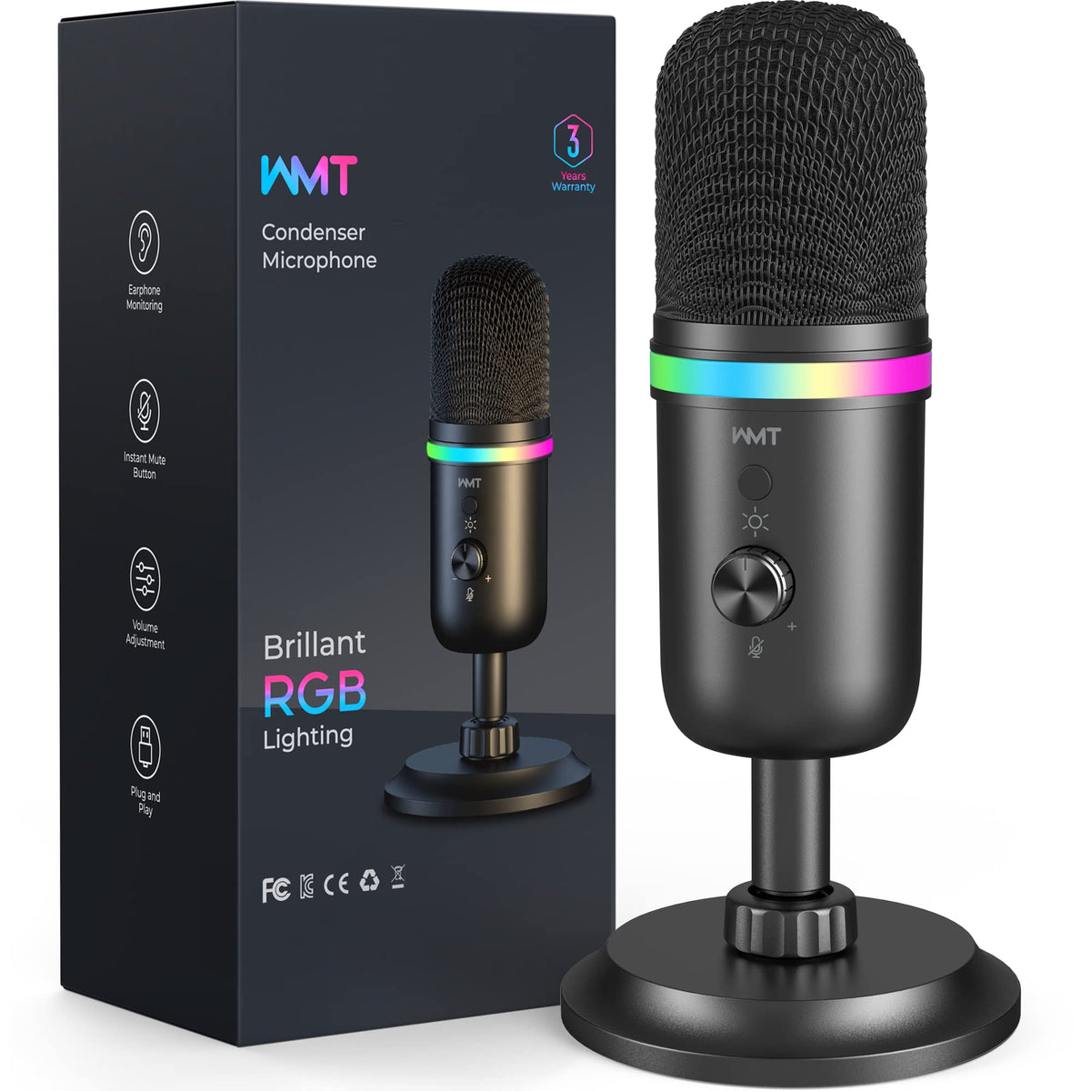 Wmt Usb Microphone   Condenser Gaming Microphone For Pc/Mac/Ps4/Ps5/Phone  Cardioid Mic With Brilliant Rgb Lighting Headphone Ou