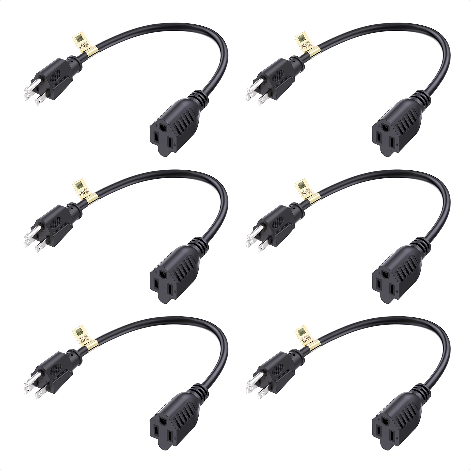 [Ul Listed] Cable Matters 6 Pack 16 Awg Heavy Duty 13A Short Power Extension Cord 1 Ft, (Power Cord Extension / 3 Prong Extensio