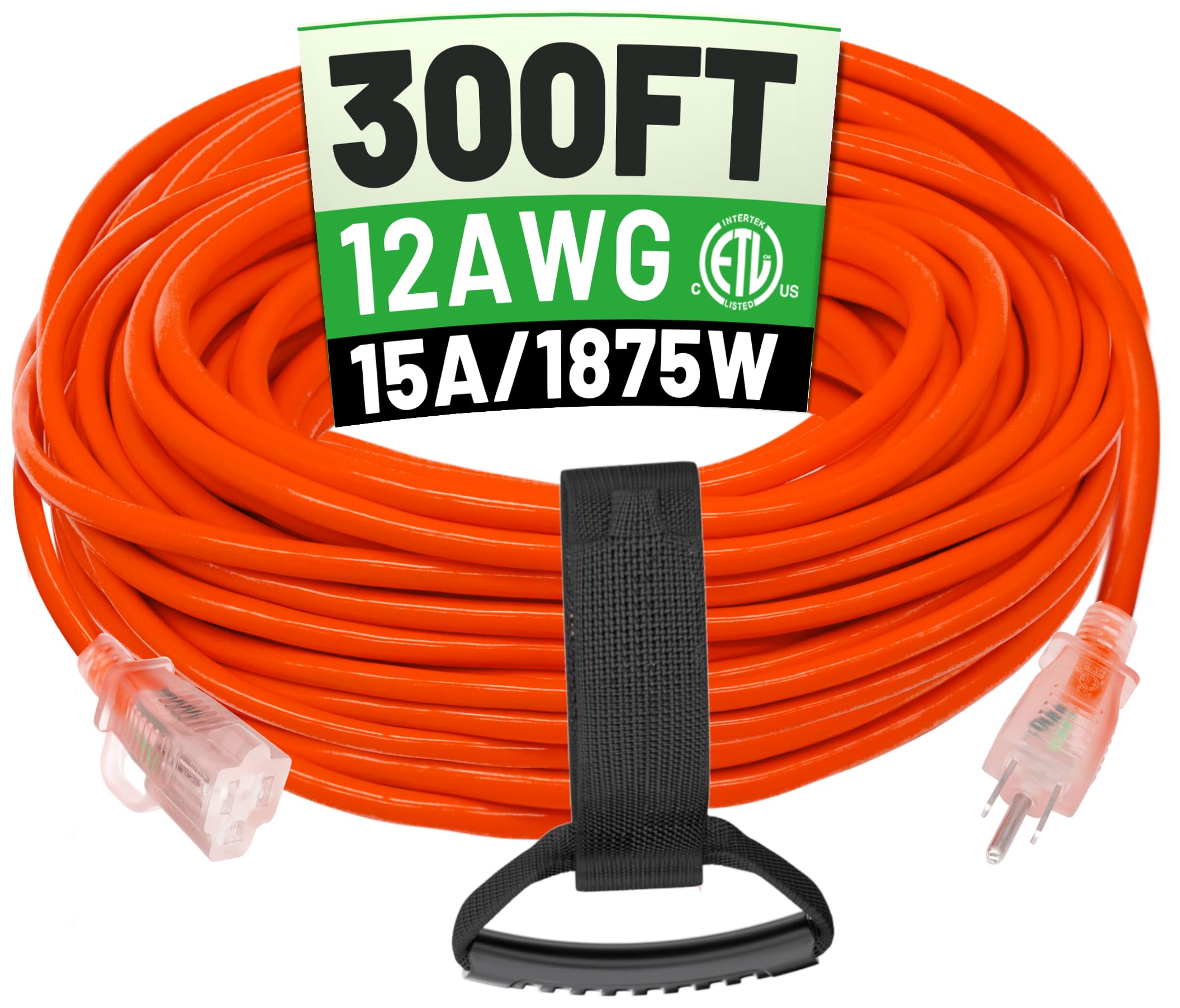 Powgrn 300 Ft 12/3 Outdoor Extension Cord Waterproof Heavy Duty With Lighted End 12 Gauge 3 Prong, Flexible Cold Resistant Long