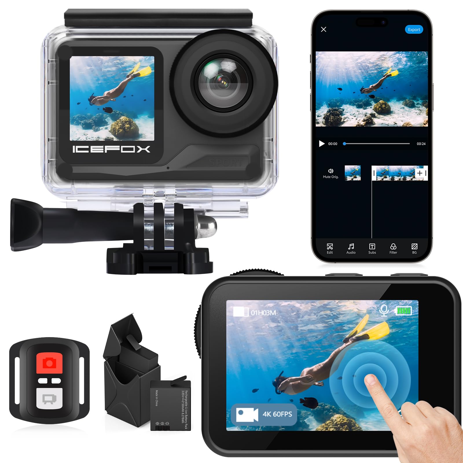 icefox i7 Action Camera 4K 60FPS 30MP with 2X 2150mAh Batteries, Underwater Camera with 5X Zoom, EIS, Powered by Snappro App,Sup