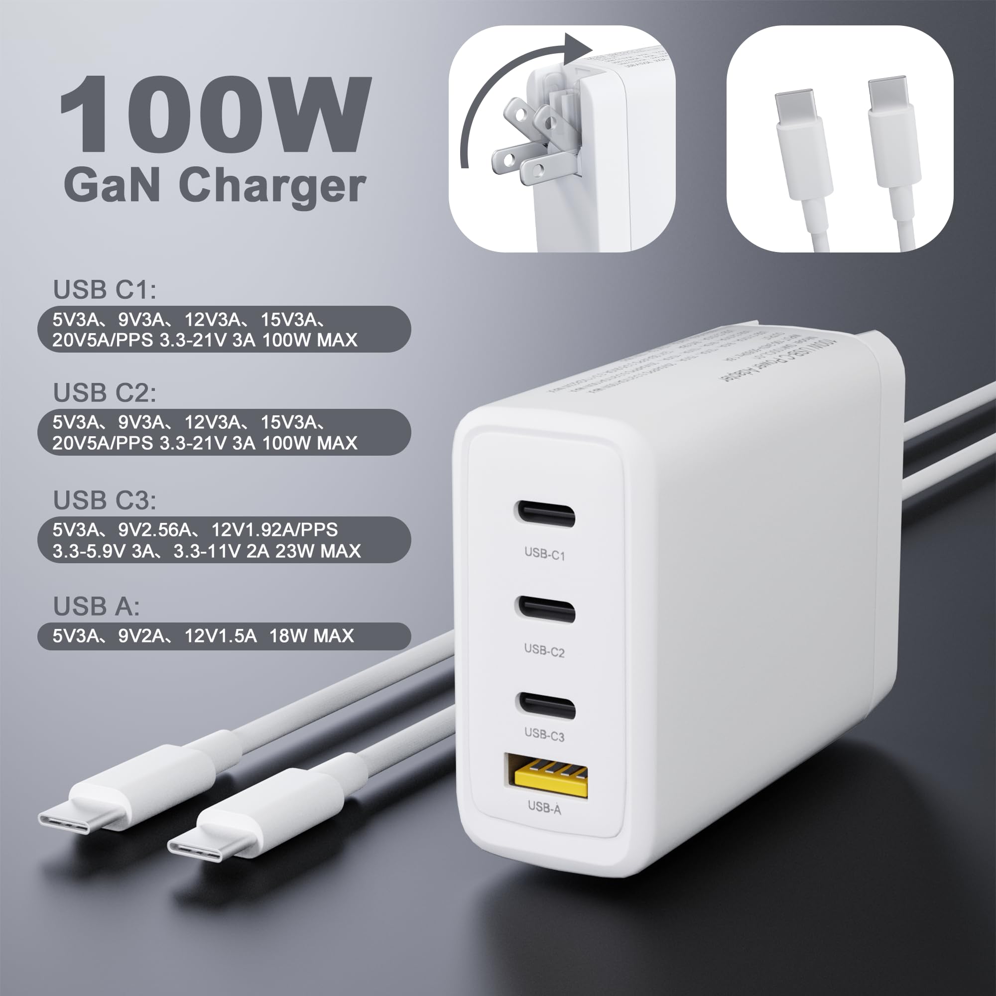 Gan 100W Usb C Laptop Charger   Fit For Hp, Lenovo, Asus, Samsung, Macbook Pro, Air, Ipad Pro, Acer, Lg, Razer, Dell Laptop, 4 P