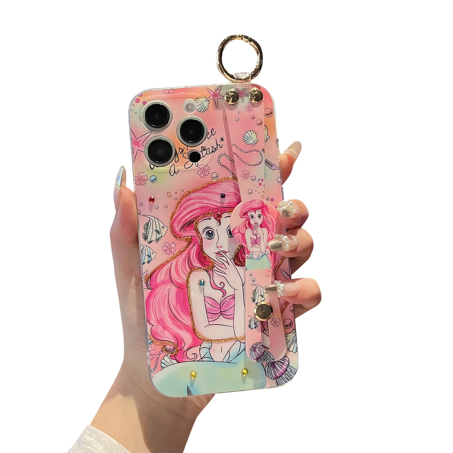 Meishangmei for iPhone 16 Pro Case 6.3 with Wrist Strap Kickstand Glitter Bling Cute Cartoon Pattern Design Sparkle Soft Durable