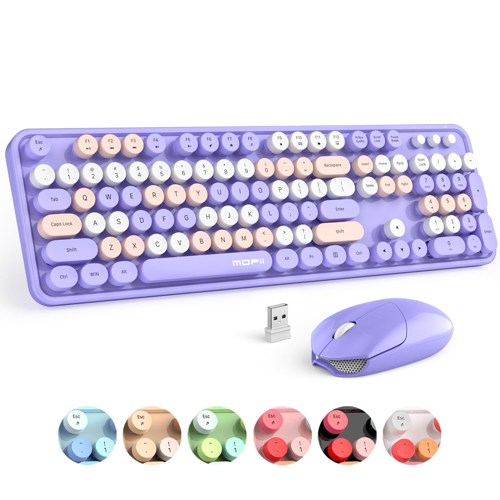 Mofii Wireless Keyboard And Mouse Combo Purple Colorful Full Size Round Key Typewriter Keyboards, 2.4G Usb Keyboard Mice With 2 
