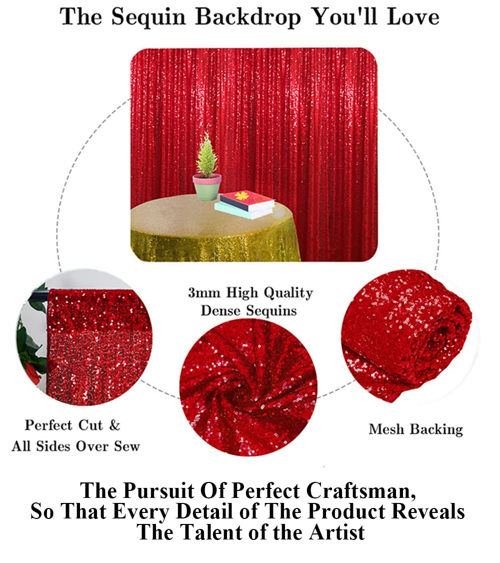 Partisout Sequin Curtain Backdrop 10Ftx10Ft Sequence Background Party Sparkle 120Inches Long Red Glitter Curtains 10Ft Wedding Photo Shimmer Fabric Backdrops