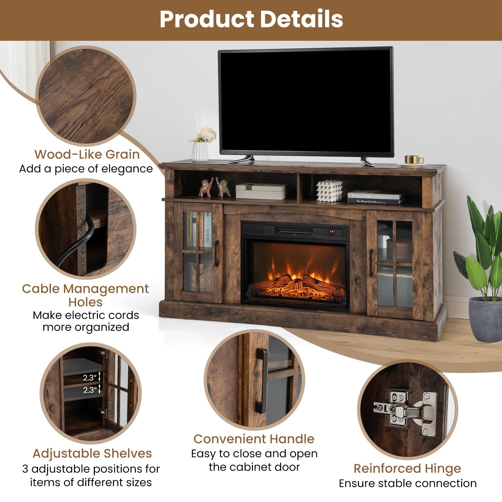 Goflame 58'' Tv Stand With Electric Fireplace Insert, Fireplace Entertainment Center With Side Cabinets & Adjustable Shelves, Ov