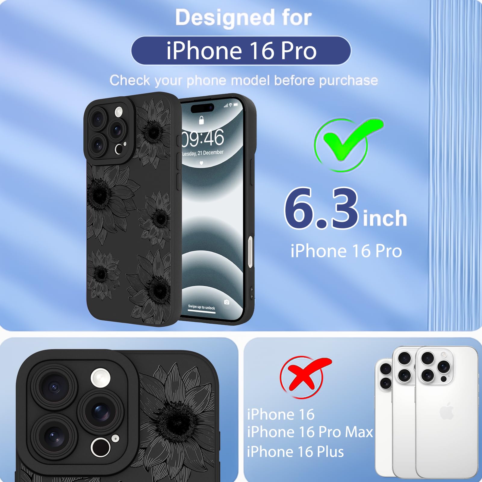 Ook Floral Case For Iphone 16 Pro Case, Cute Sunflower Floral Blooms Design Soft Tpu Shockproof Protective For Women Girls Phone