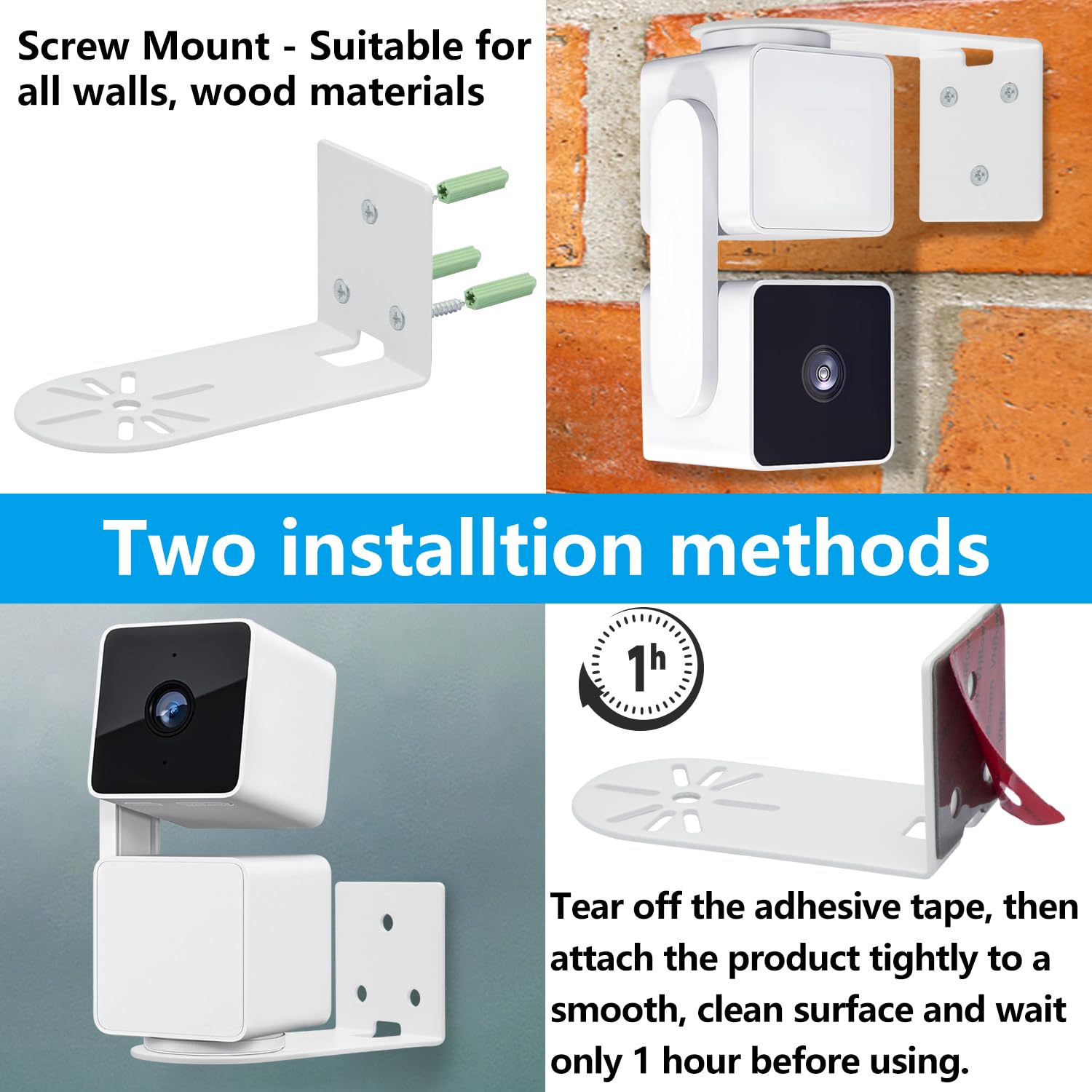 Haoyou Metal Wall Mount Bracket For Wyze Cam Pan V3/V2 Wyze Cam V4/V3 Adhesive No Drill Indoor/Outdoor Installation (2 Pack White)