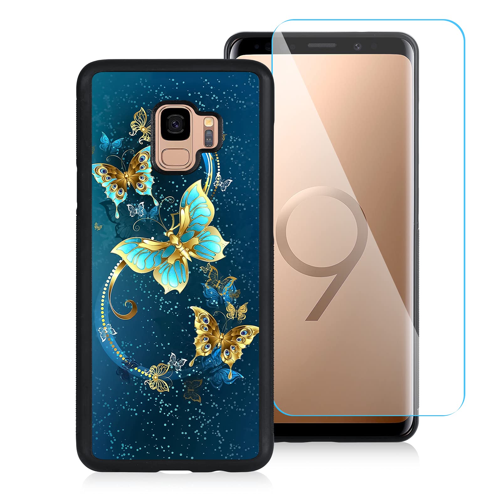 Ook Compatible With Samsung Galaxy S9 5.8 Inch Case, [Built In Screen Protector],Cute Blue Butterfly Design Hard Pc Back Anti Sl