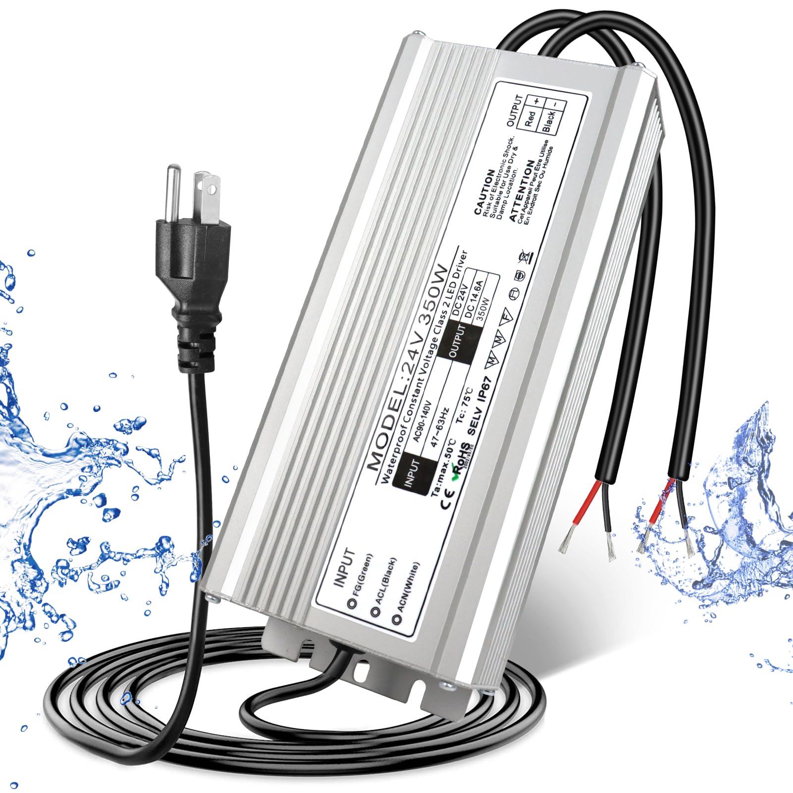 24V 350W Led Power Supply, Waterproof Ip67 Led Driver, Ac 110V To Dc 24 Volt Low Voltage Transformer With 3 Prong Plug 3.3 Feet