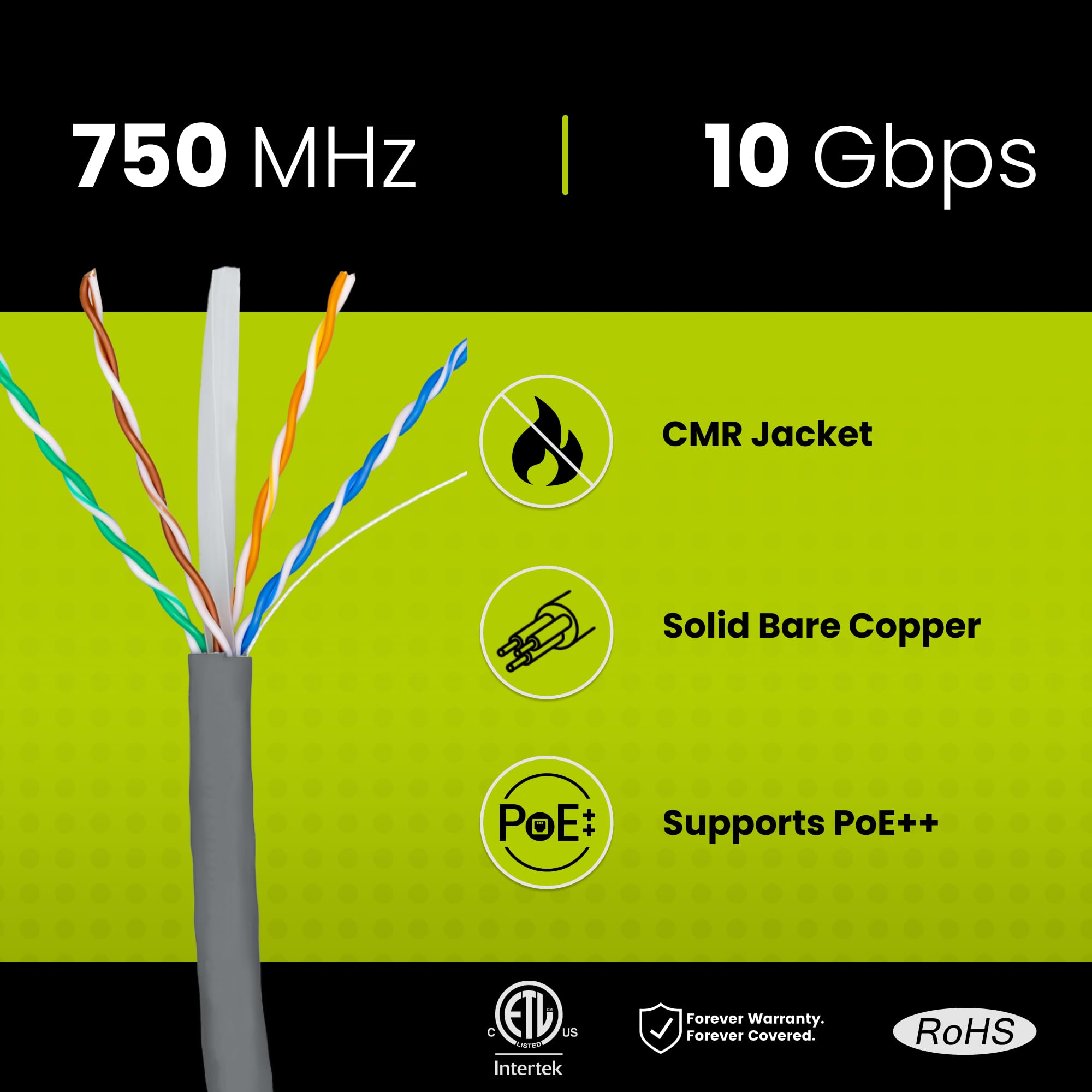 Truecable Cat6A Riser (Cmr), 1000Ft, Gray, 23Awg 4 Pair Solid Bare Copper, 750Mhz, Poe++ (4Ppoe), Etl Listed, Unshielded Twisted Pair (Utp), Bulk Ethernet Cable