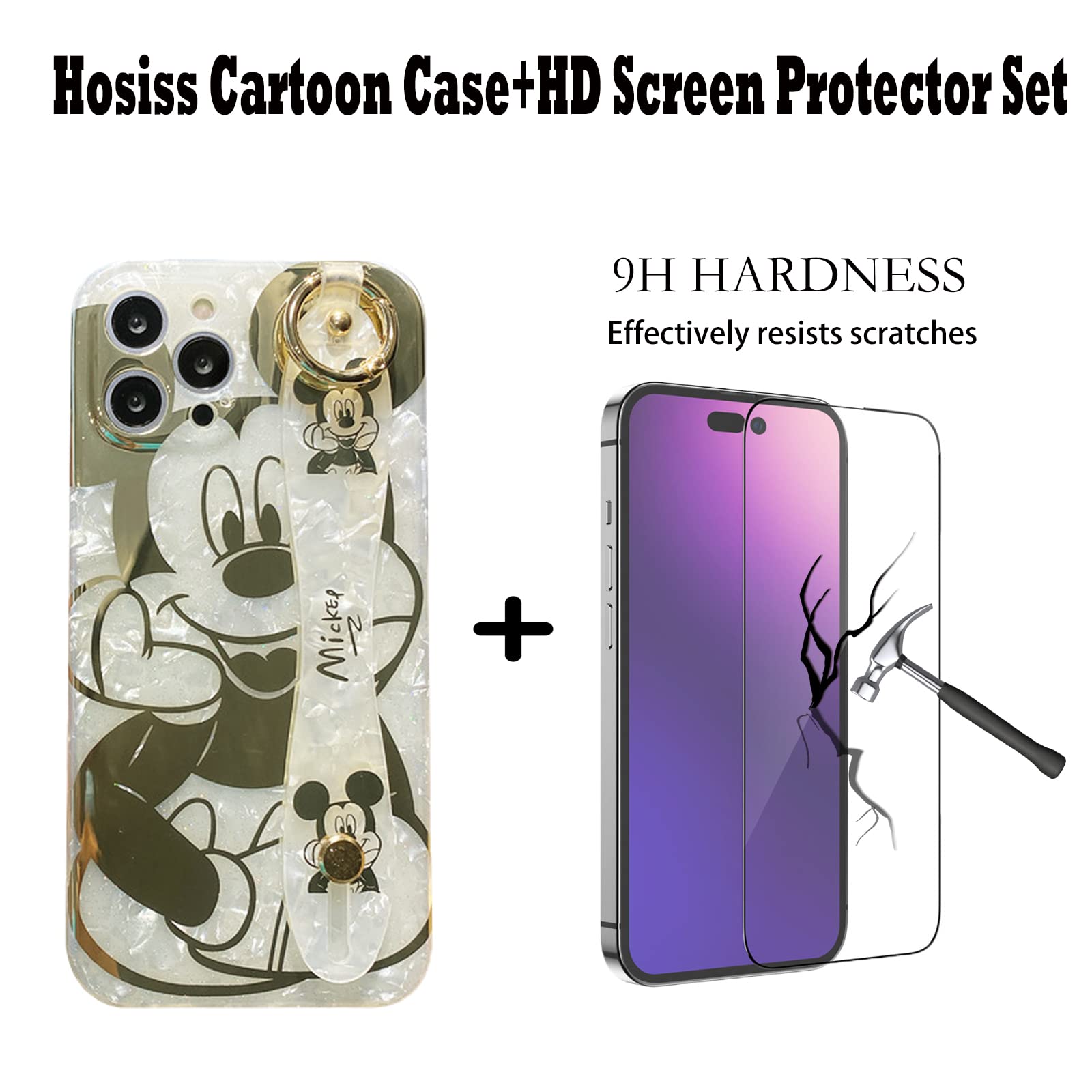 Hosiss Cartoon Case For Iphone 13 Pro 6.1 '' With Hd Screen Protector, Mickey Mouse With Wrist Strap Kickstand Metal Chain Strap