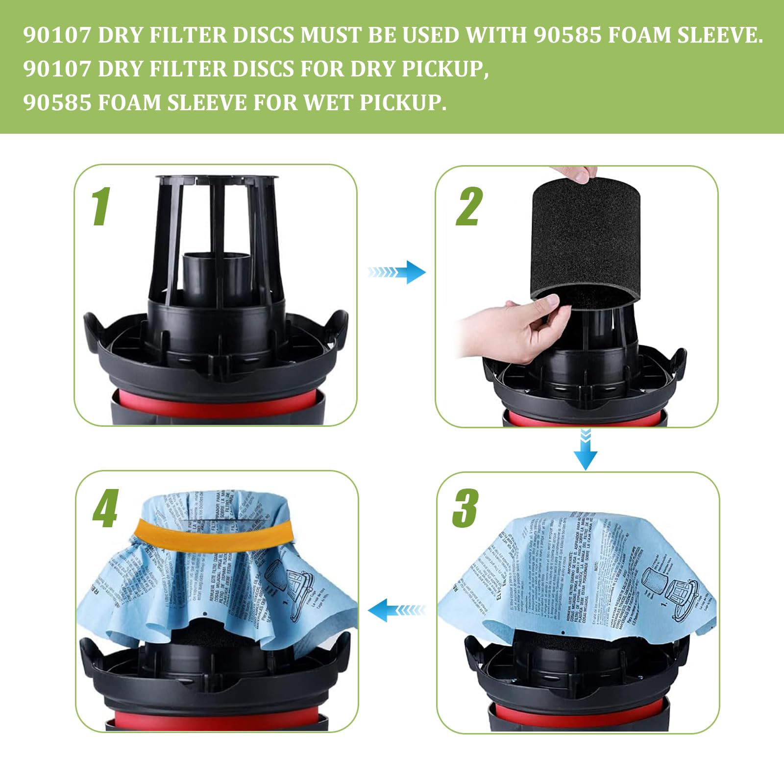 90585 Foam Sleeve Filter & 9010700 Reusable Dry Filter Discs & Retaining Band Compatible With Most Shop Vac, Vacmaster & Genie S