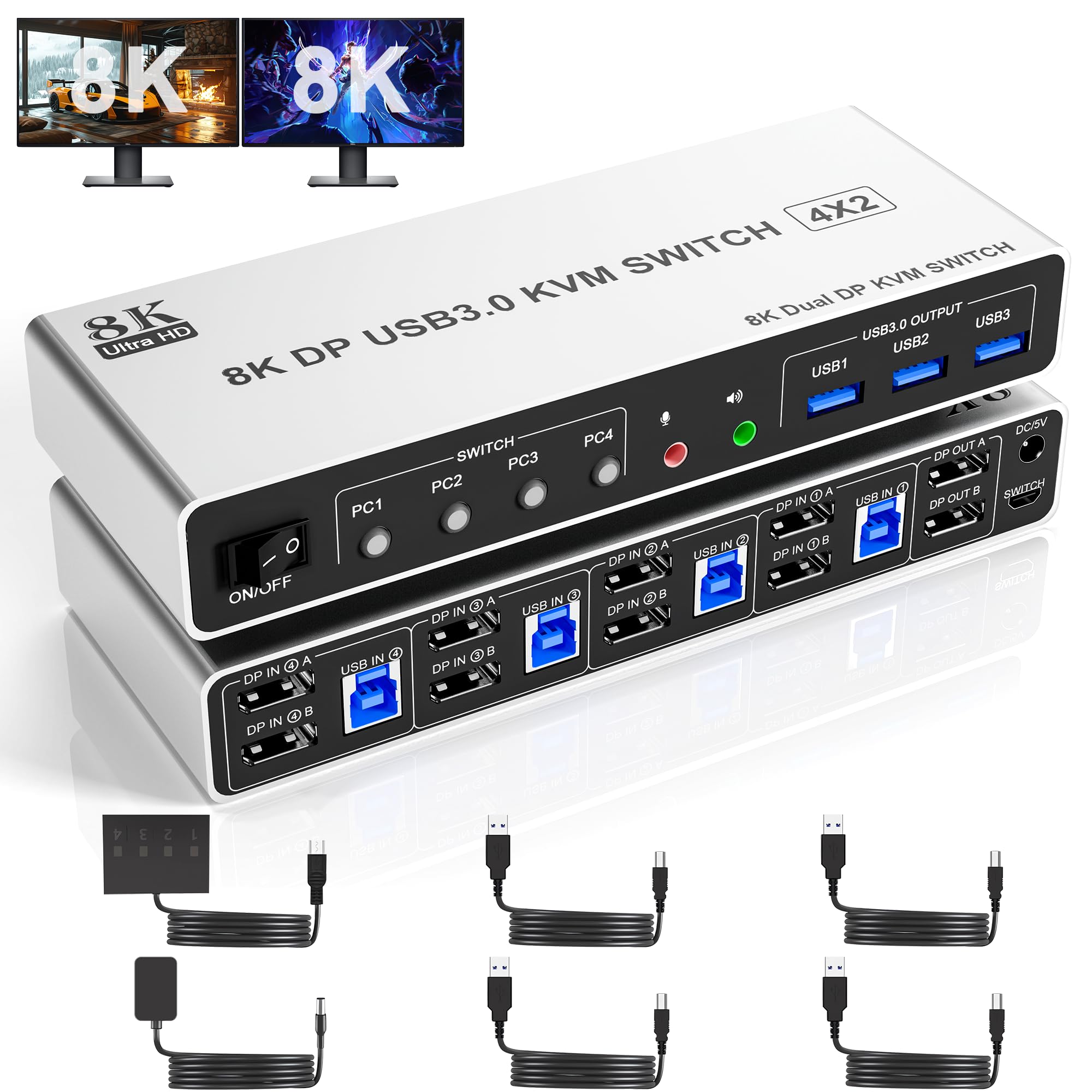 8K@60Hz Usb3.0 Displayport Kvm Switch 2 Monitors 4 Computers, 4 Port Dp1.4 Dual Monitor Displayport Kvm Switch With Audio, Micro