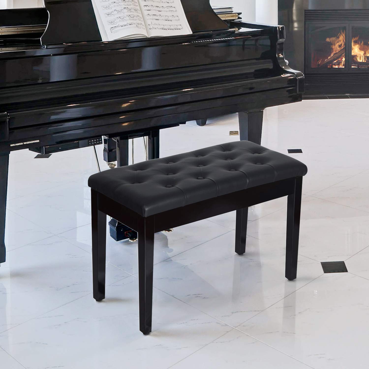 Homcom Piano Bench, Duet Piano Chair With Faux Leather Padded Cushion And Wooden Frame, Button Tufted Keyboard Bench, Black