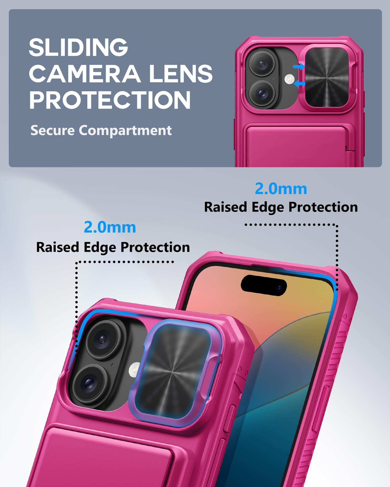 Atatoo For Iphone 16 Case, Built In Card Holder (Store 3 5 Cards) & Slide Camera Protector, Military Grade Protection, Women Cut