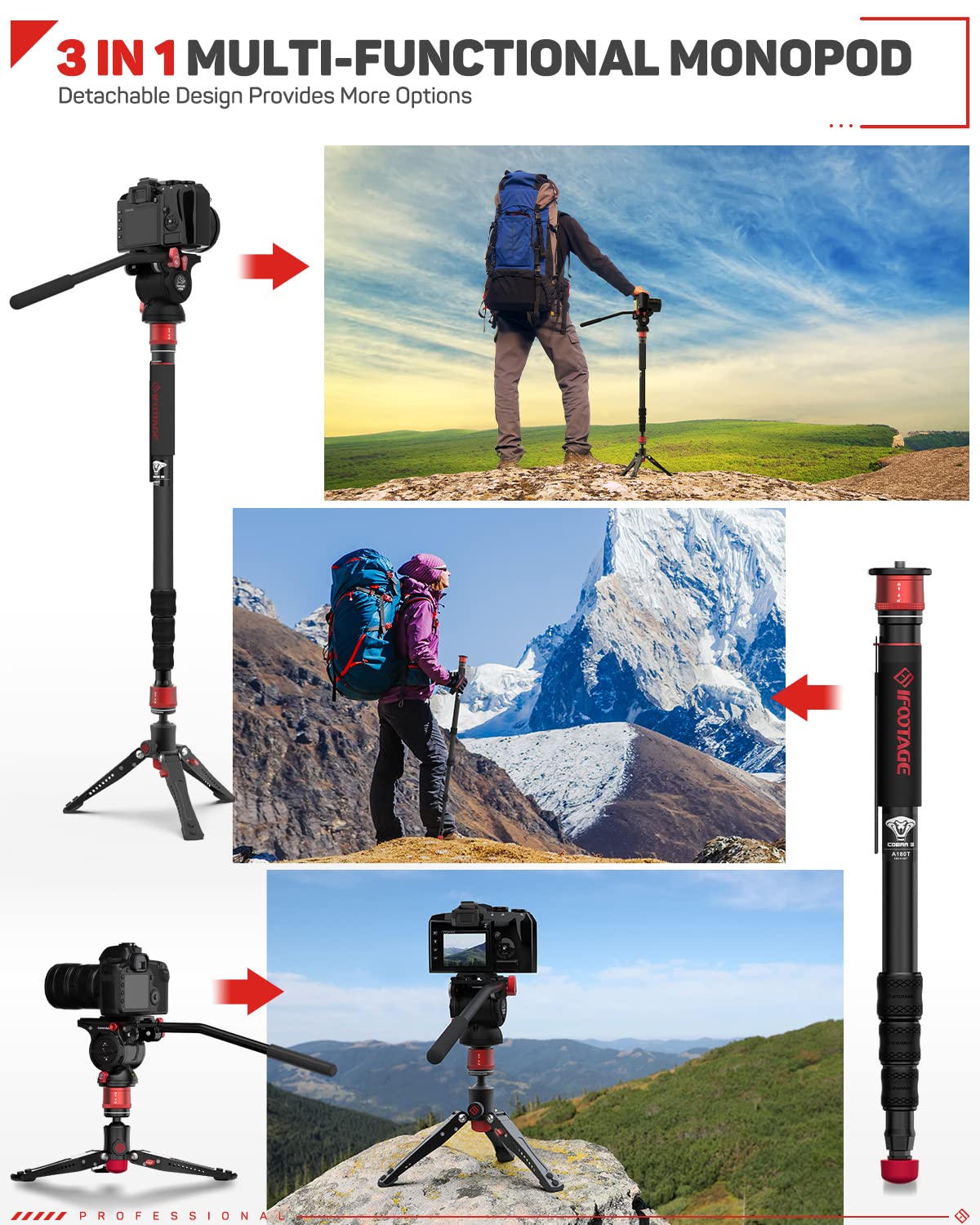 Ifootage 71'' Monopod For Cameras, Lightweight Travel Monopod With Feet, Professional Aluminum Camera Monopod, Compatible With S