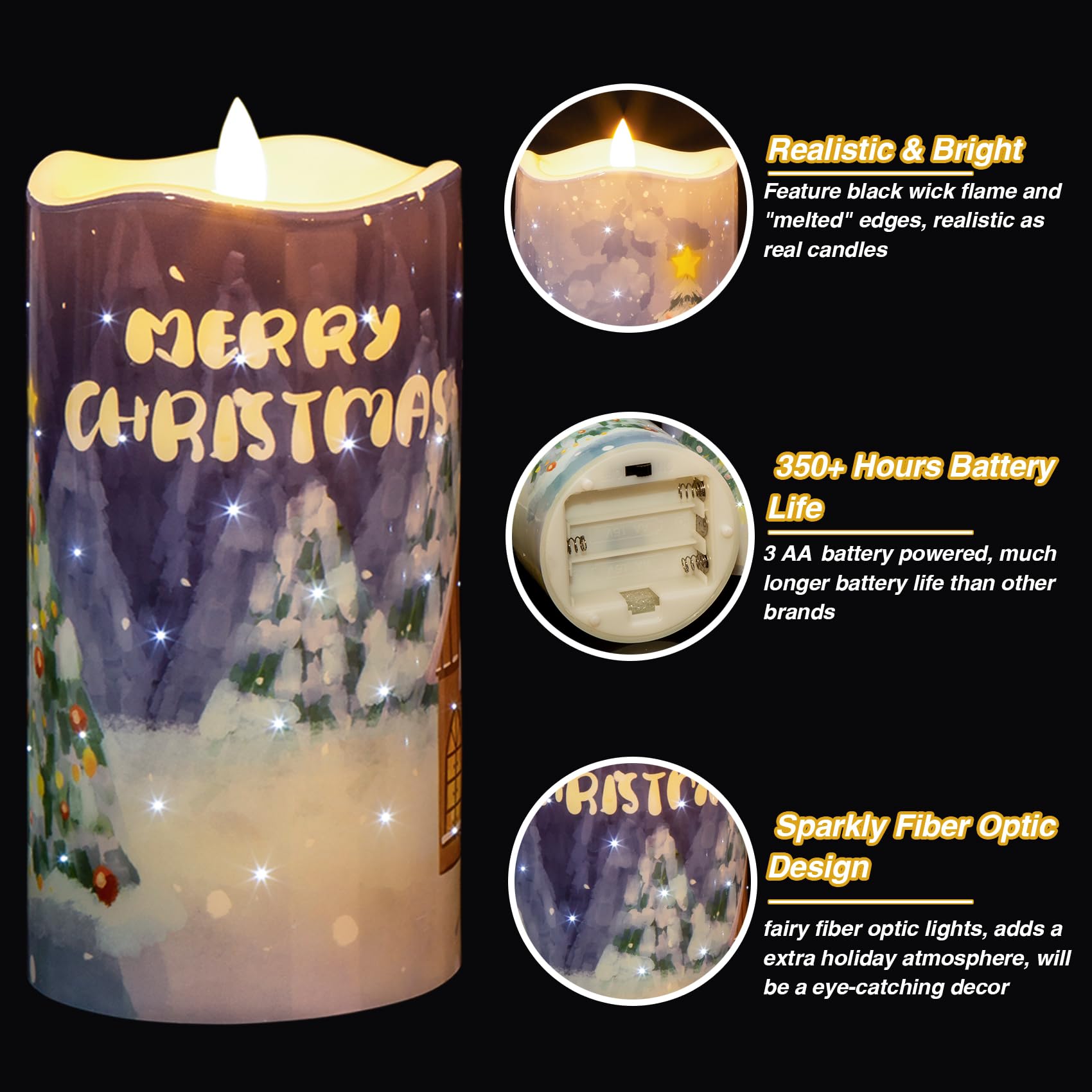 Eywamage Fiber Optic Christmas Flameless Pillar Candles With Remote, Flickering Xmas Battery Operated Led Candles Set Of 3