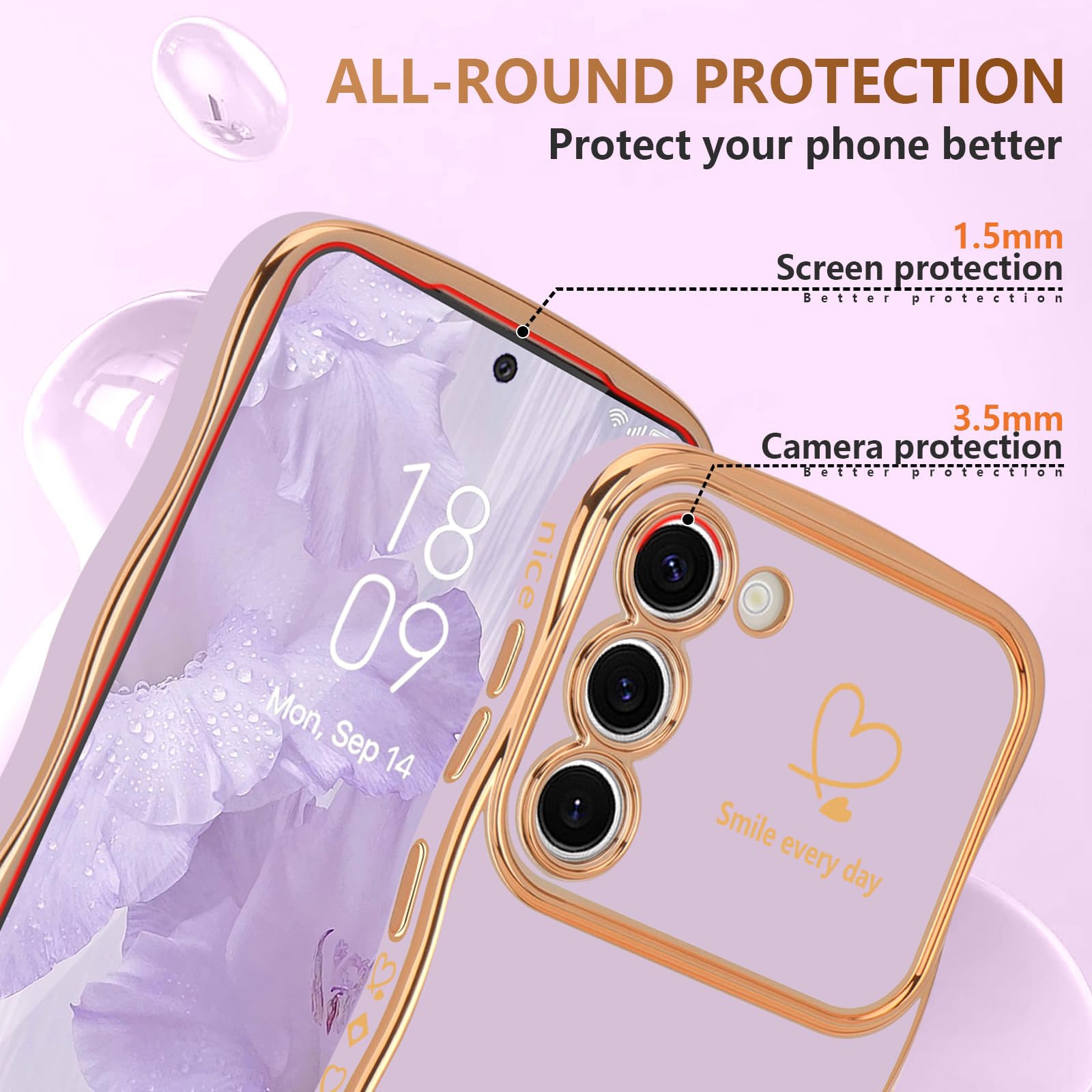 Lchulle For Samsung Galaxy S22 Plus Case For Women Girls, Cute Wave Frame Curly Shape With Love Heart Raised Camera Protection L