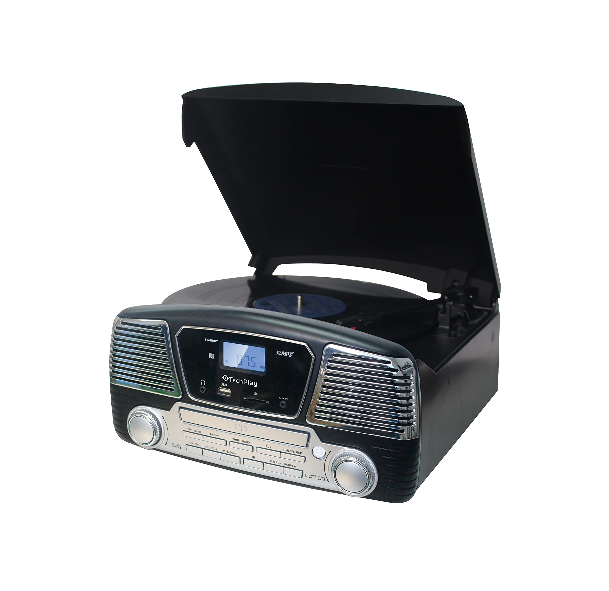 Techplay Odc35Bt With Bluetooth, 3 Speed Turntable Programmable Mp3 Cd Player, Usb/Sd, Radio & Remote Control