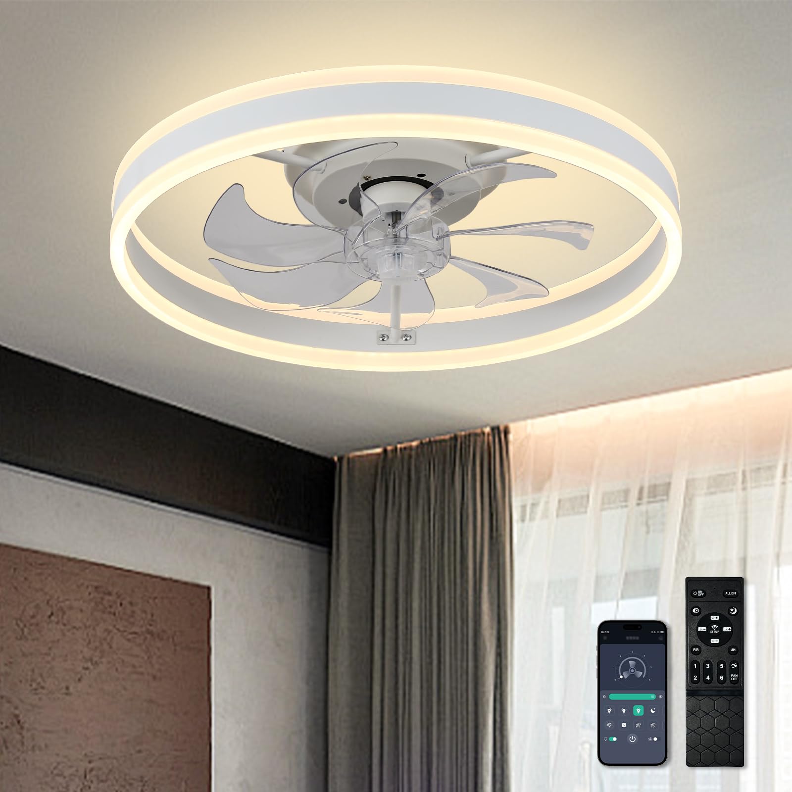 20'' Acrylic Low Profile Ceiling Fans With Lights And Remote, Dimmable Led Fandelier Ceiling Fan, Modern Bedroom Ceiling Fan Wit