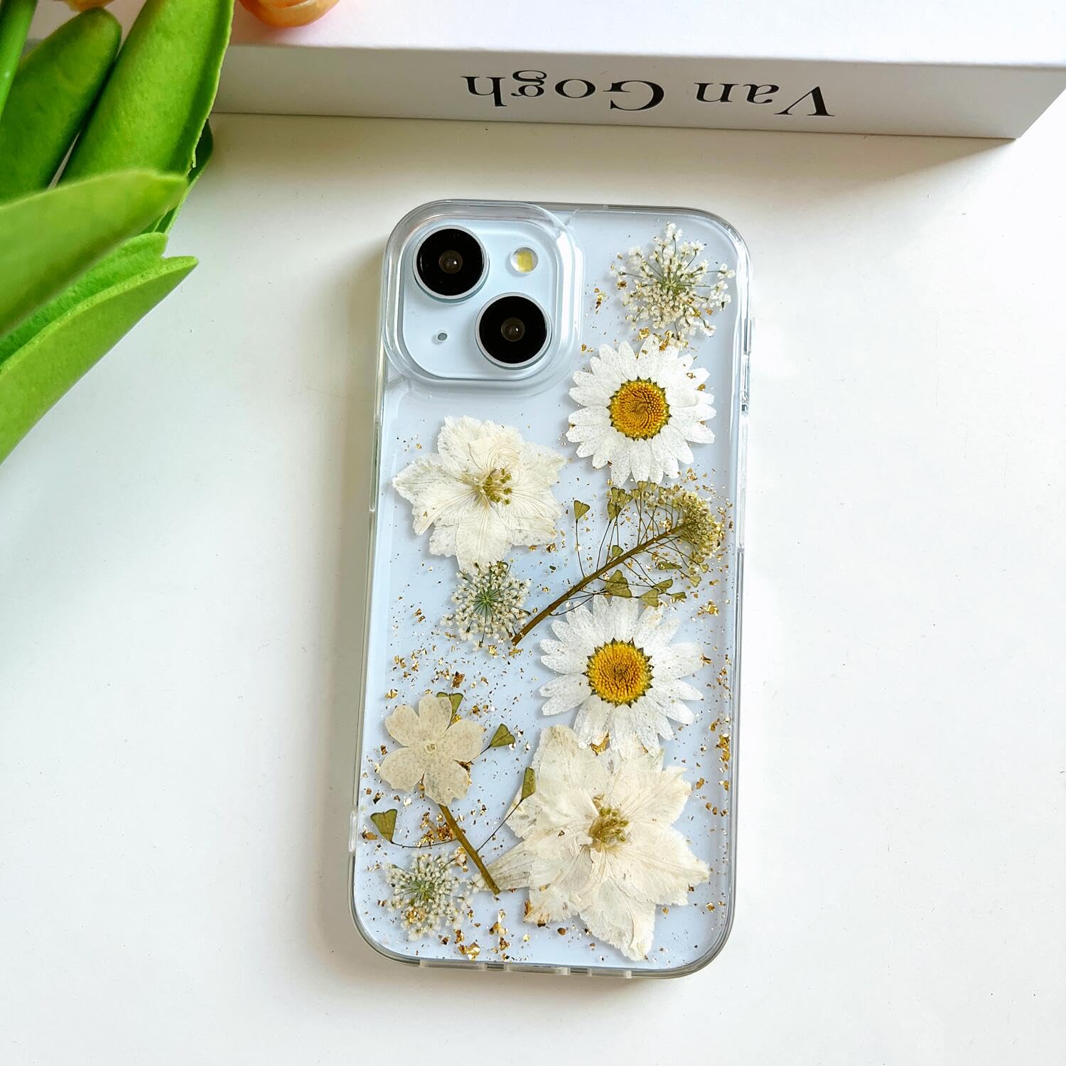 Lseeka For Iphone 14 Plus/Iphone 15 Plus Clear Case With Pressed Real Flowers Design,Glitter Cute White Floral Pattern Slim Soft