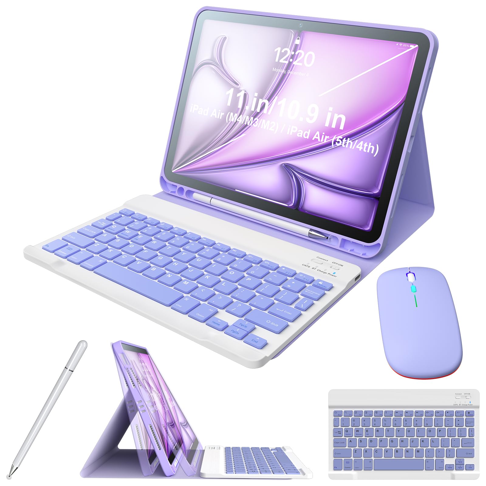 Kiloob for iPad Air 11/Air 5/4 Keyboard Case with Detachable Keyboard & Pencil Holder, Bonus Stylus Pen and Mouse, Folio Cover 