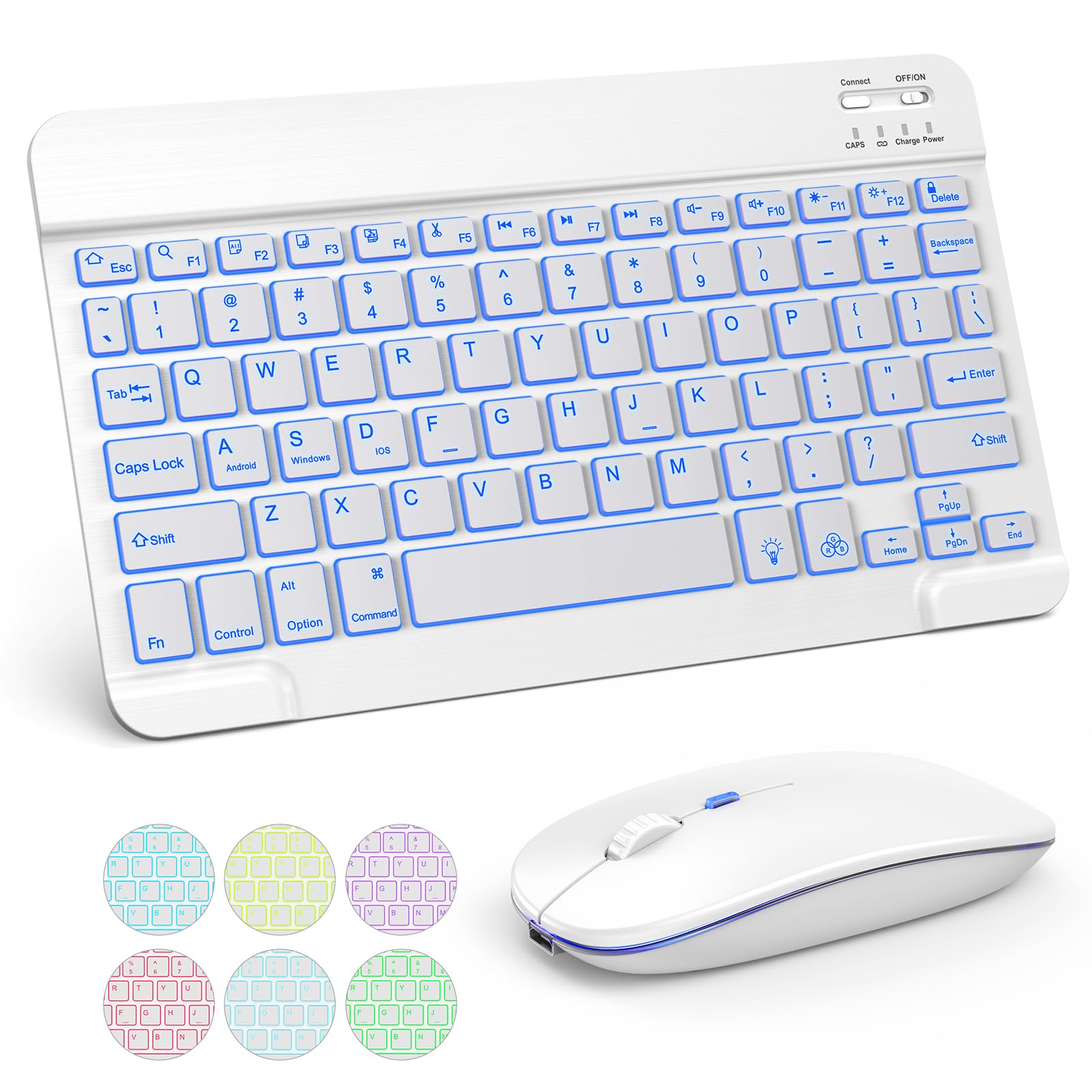Tecurs Bluetooth Keyboard And Mouse Combo For Ipad, 7 Color Backlit Rechargeable Wireless Keyboard & Mouse Compatible With Ipad 