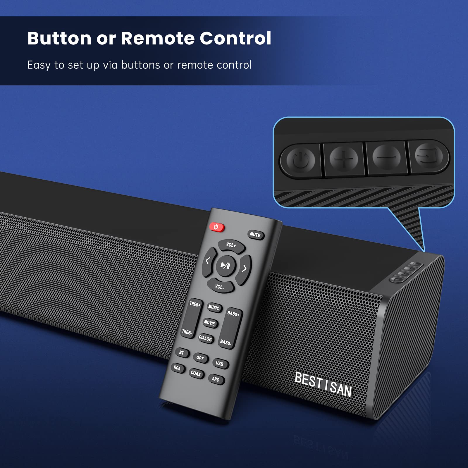 Sound Bar, Bestisan 50 Watts Soundbar With Hdmi, Optical, Coaxial, Aux, Usb And Bluetooth Connection, Dsp, Bass Adjustable, 16 I