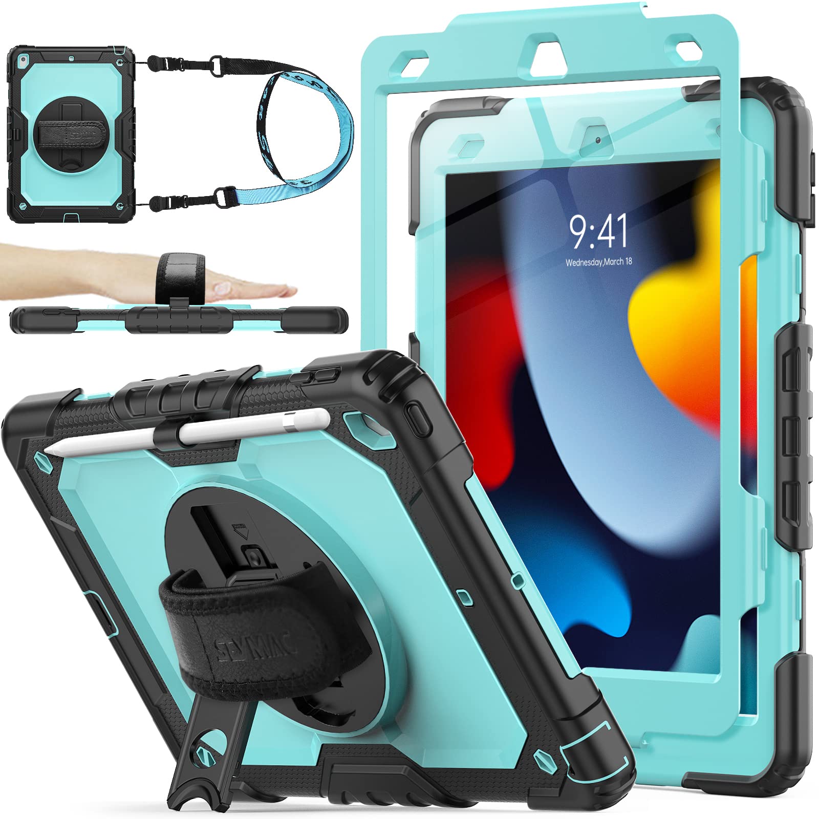 Seymac Stock Ipad 9Th/8Th/7Th Generation Case, [Full Body] [Drop Proof] Case With [Screen Protector] [360 Rotate Stand] Hand Str