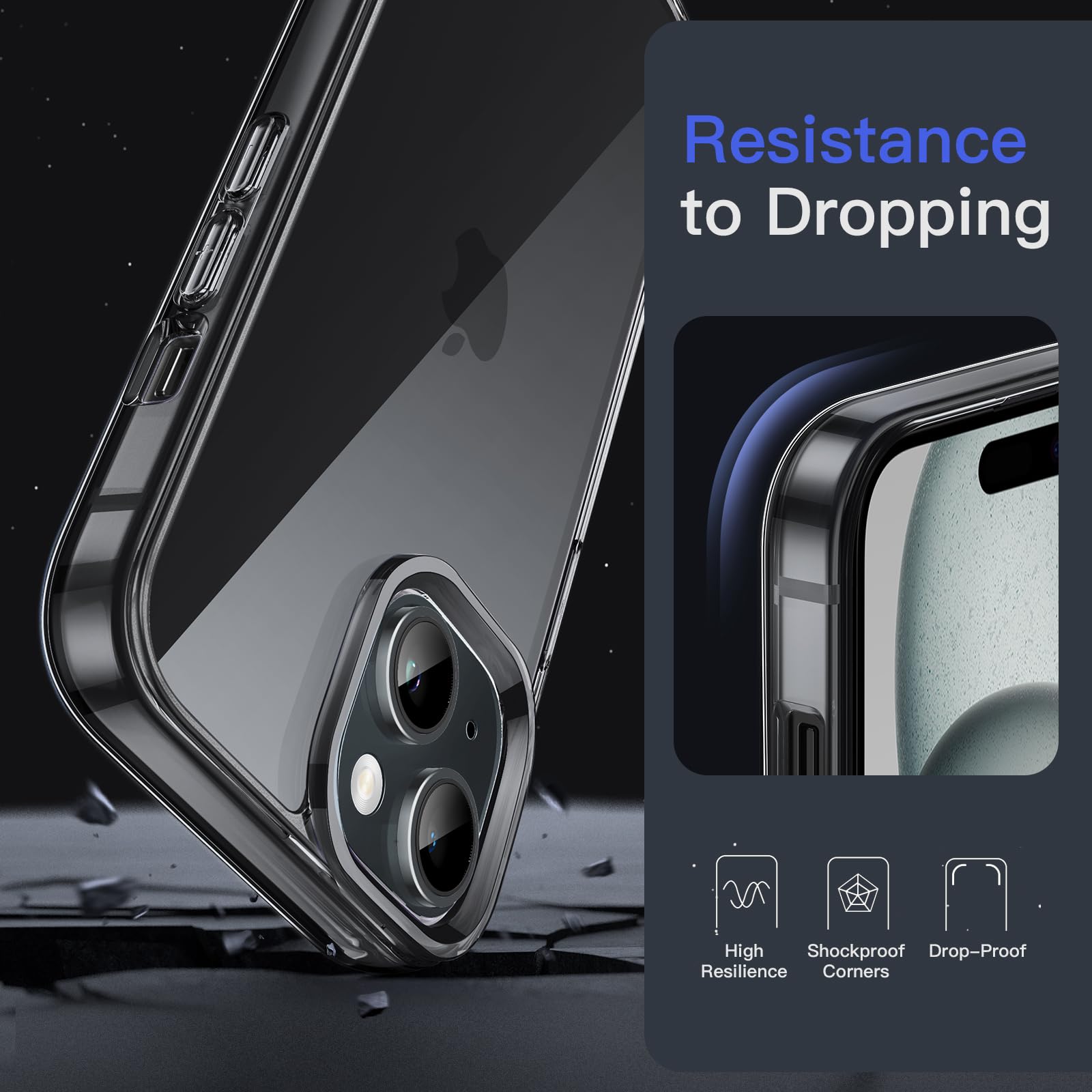 Jetech Case For Iphone 15 6.1 Inch, Non Yellowing Shockproof Phone Bumper Cover, Anti Scratch Clear Back (Black)