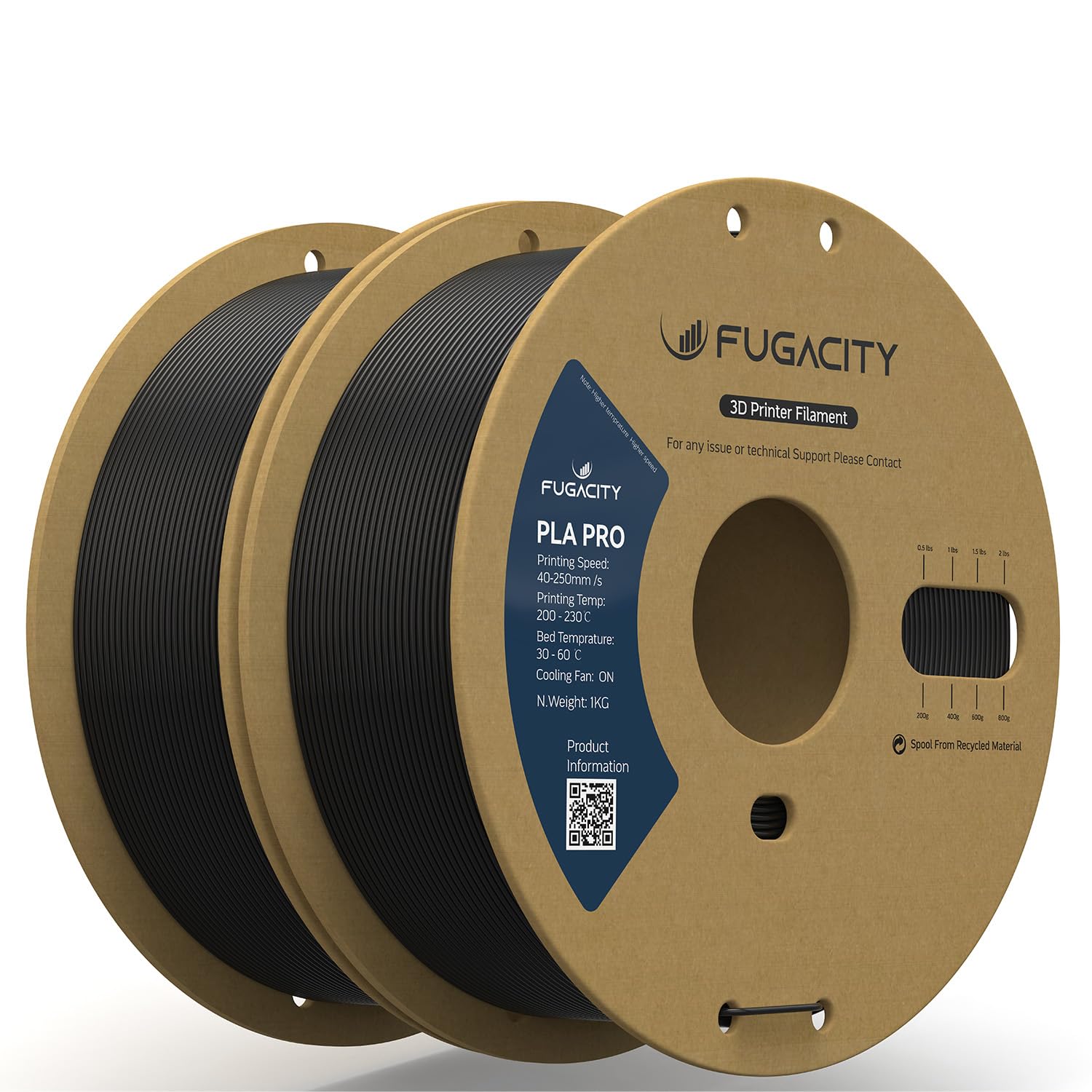 Fugacity PLA PRO Filament 1.75mm, Black 3D Printer Filament 2 Roll 1KG Spool Bundles, Dimensional Accuracy +/- 0.02mm, Enhanced