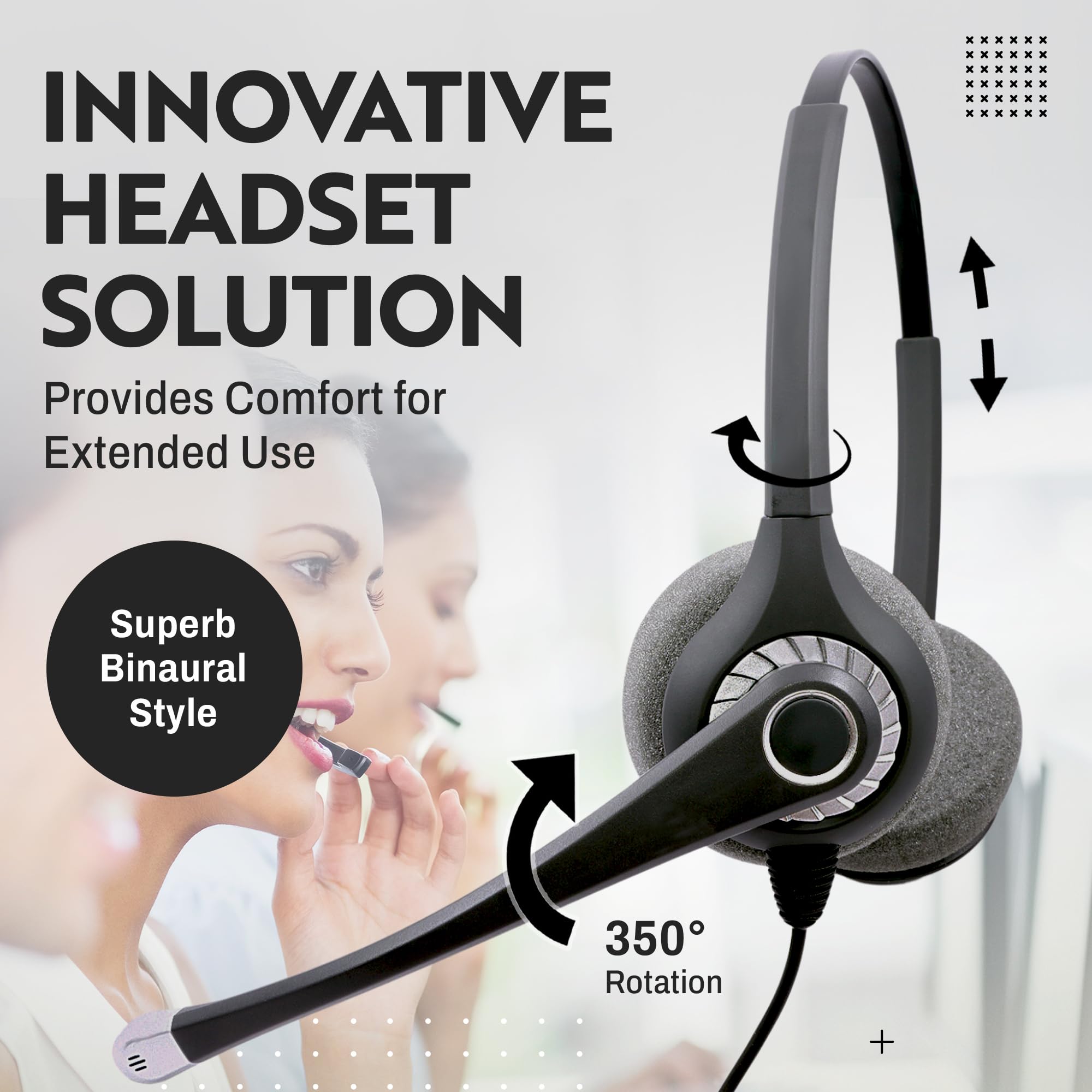 Innotalk   Rj9 Superb Binaural Office Phone Headset & Qd Adapter, Call Center Phone Headset, Telephone Headset For Polycom, Mite