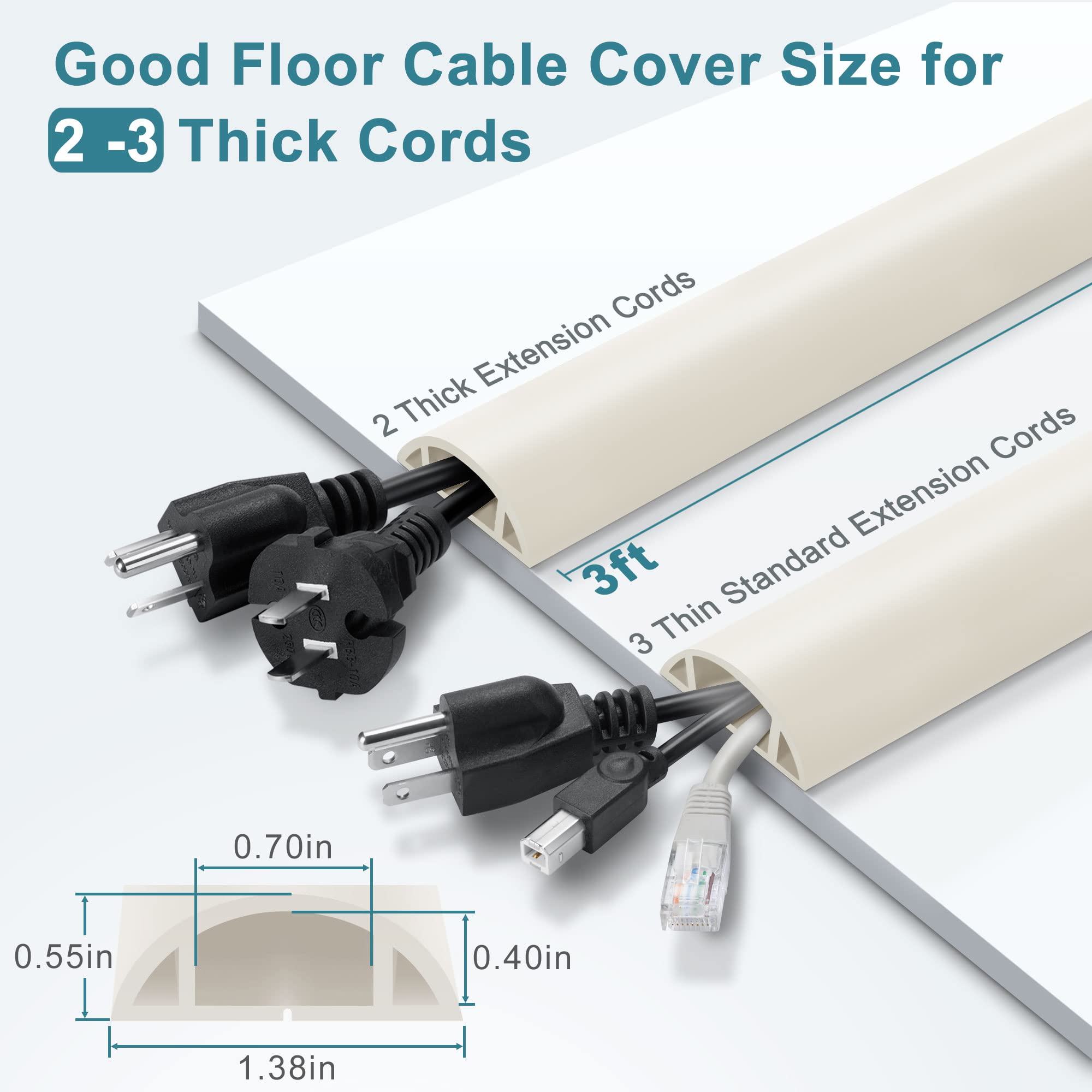 Cord Hider Floor, 3Ft, Beige Cord Cover Floor, Cord Protector Floor Extension Cable Cover, Soft Pvc Wire Covers   Cable Manageme