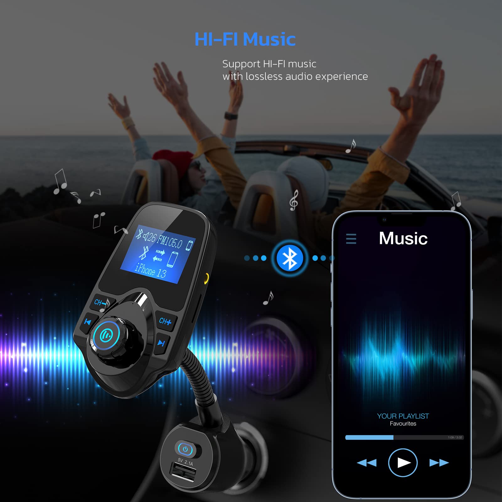 Nulaxy Bluetooth Fm Transmitter For Car, Upgraded Manual Power Switch Wireless Car Radio Bluetooth Adapter Supports Hands Free Calls, Usb Fast Charging, Microsd Card, Aux Play   Km18 Plus Black