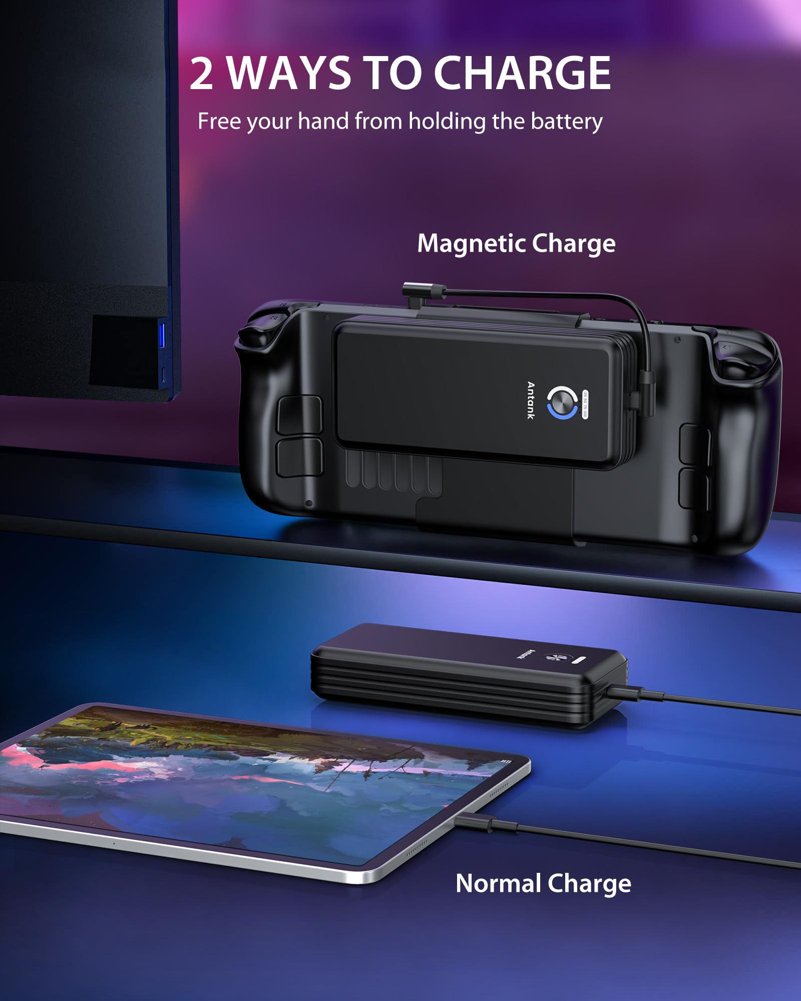 Antank Magnetic Power Bank Compatible With Steam Deck, 20000Mah 45W Pd Fast 3.0 Charging Portable Battery Bank, External Battery Pack With Removable Magnetic Back Mount & Dual Usb C Cable