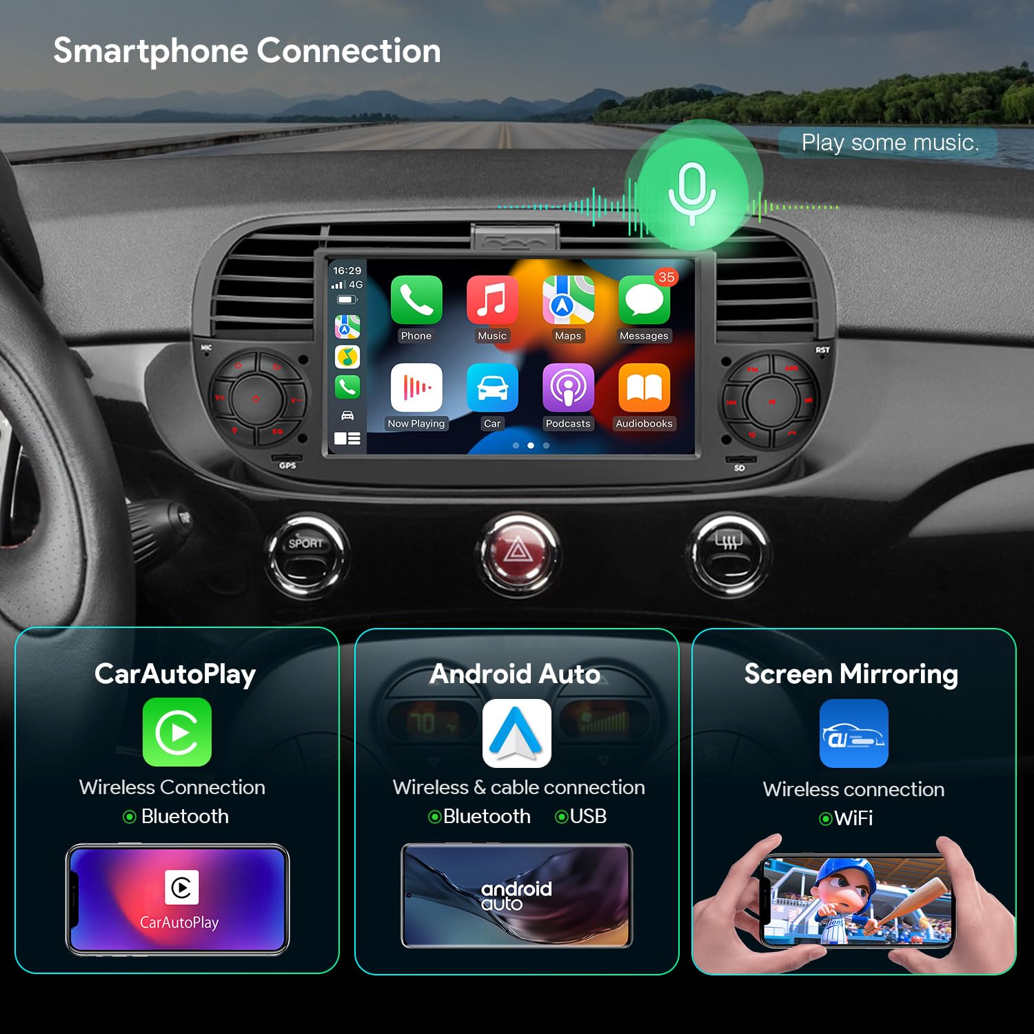 Xtrons Single Din Car Stereo For Fiat 500, Android 13 Octa Core 4Gb Ram 64Gb Rom Car Radio Player, 7 Inch Ips Touch Screen Gps N