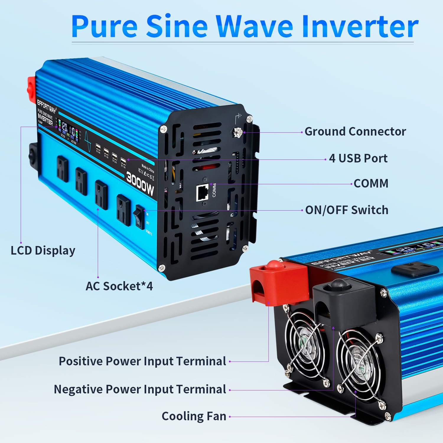 3000W Pure Sine Wave Inverter Dc 12V To Ac 110V/120V Converter, 6000W (Peak) With Lcd Display, Wireless/Wired Remote Control, 4A