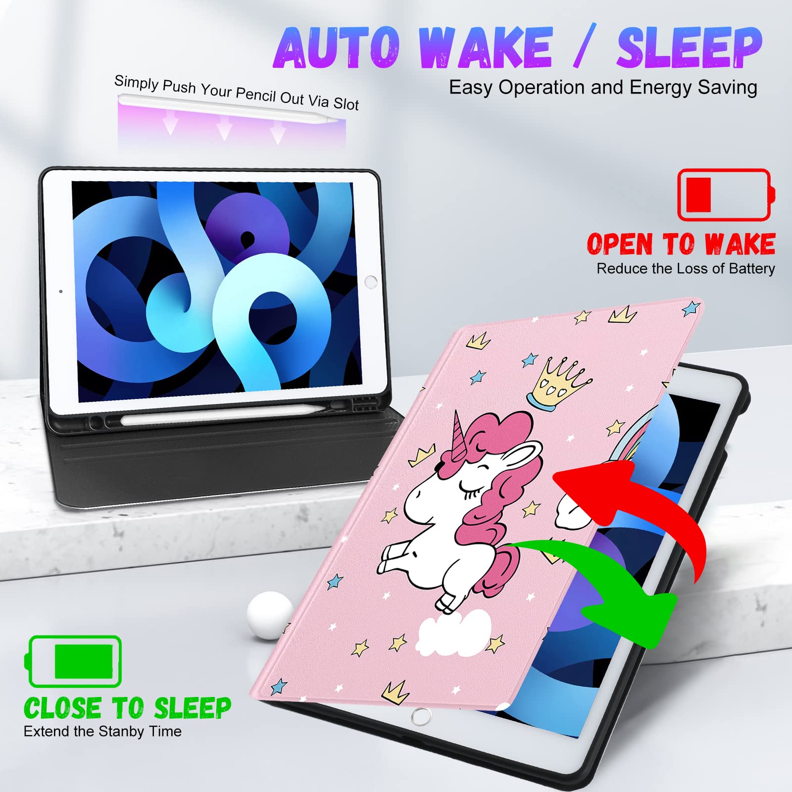 Uppuppy For Ipad 9Th/8Th/7Th Generation Case 10.2 Inch Girls Cute Kids Women Folio Smart Cover With Pencil Holder Cartoon Design