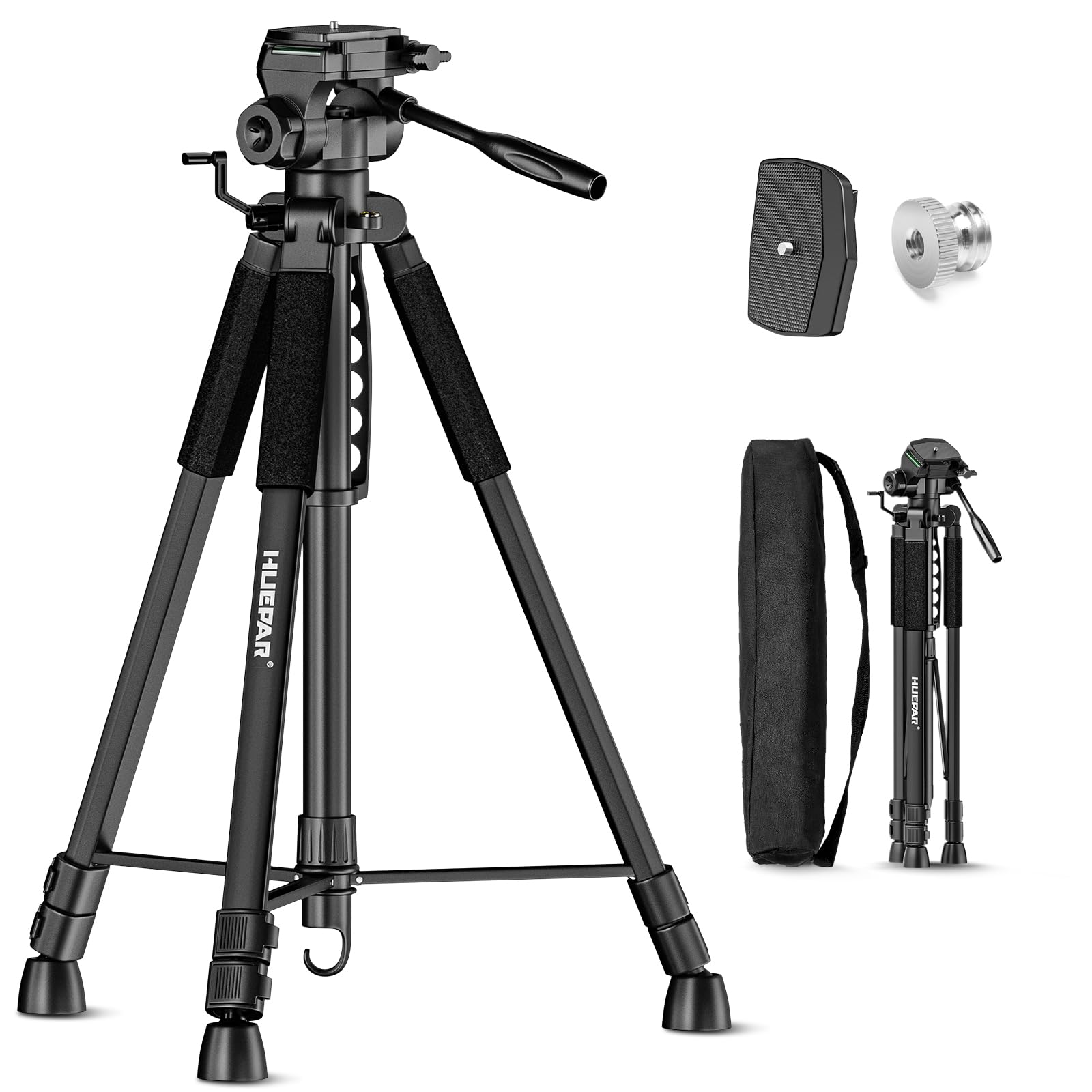 Huepar Lightweight 63 Inch Adjustable Laser Level Tripod With 3 Way Swivel Pan Head, Portable Handle, Bubble Level, Quick Releas