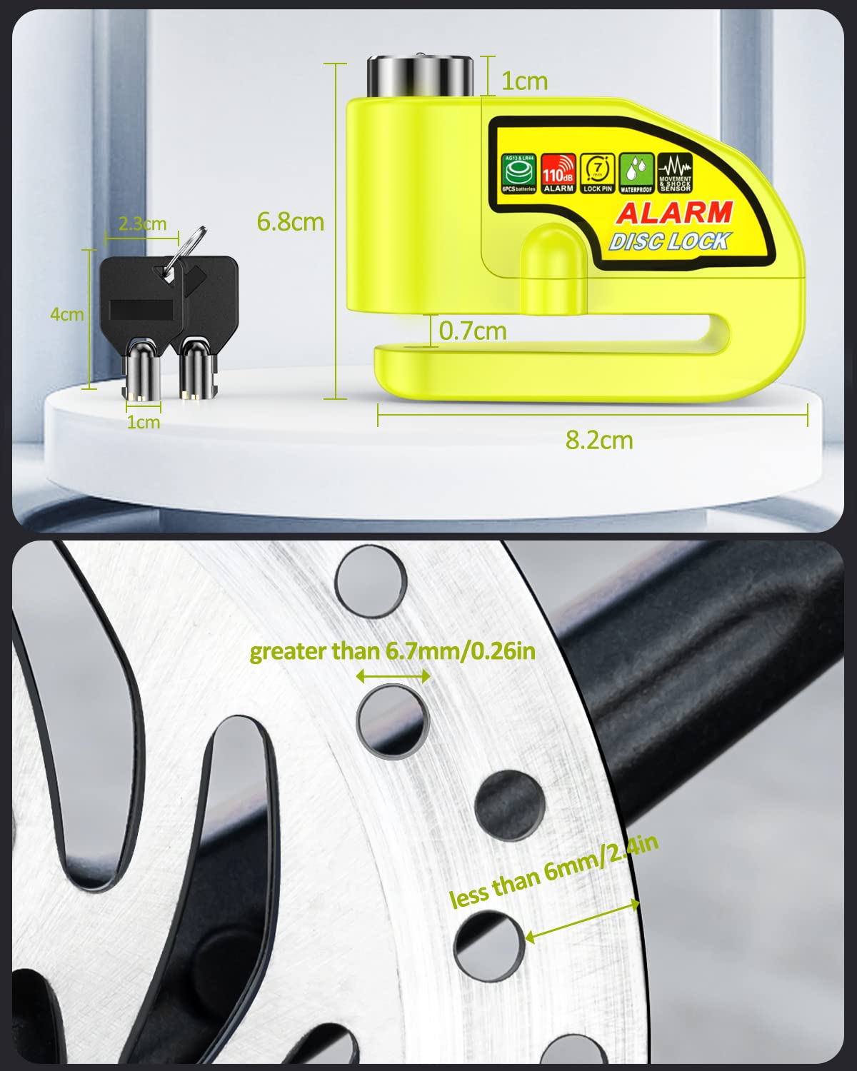 Onvian Motorcycle Disc Brake Lock With 110Db Alarm, Waterproof Motorcycle Locks Anti Theft For 6.7Mm Motorcycle Brake Helmet Sco