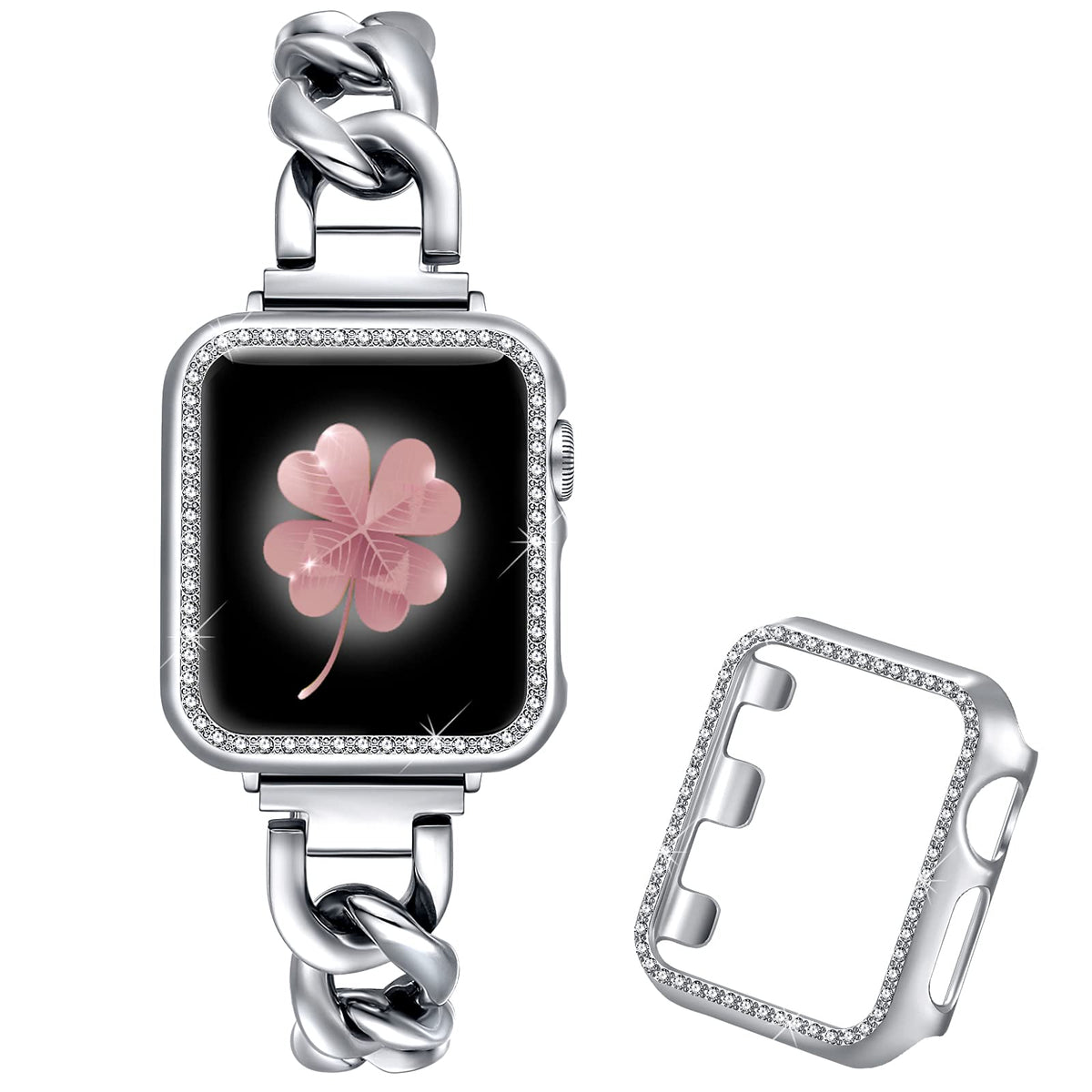 Dilando Cool Chain Metal Link Bands Silver Compatible With Apple Watch 42Mm 44Mm 45Mm Women Men, Stainless Steel Band With Bling